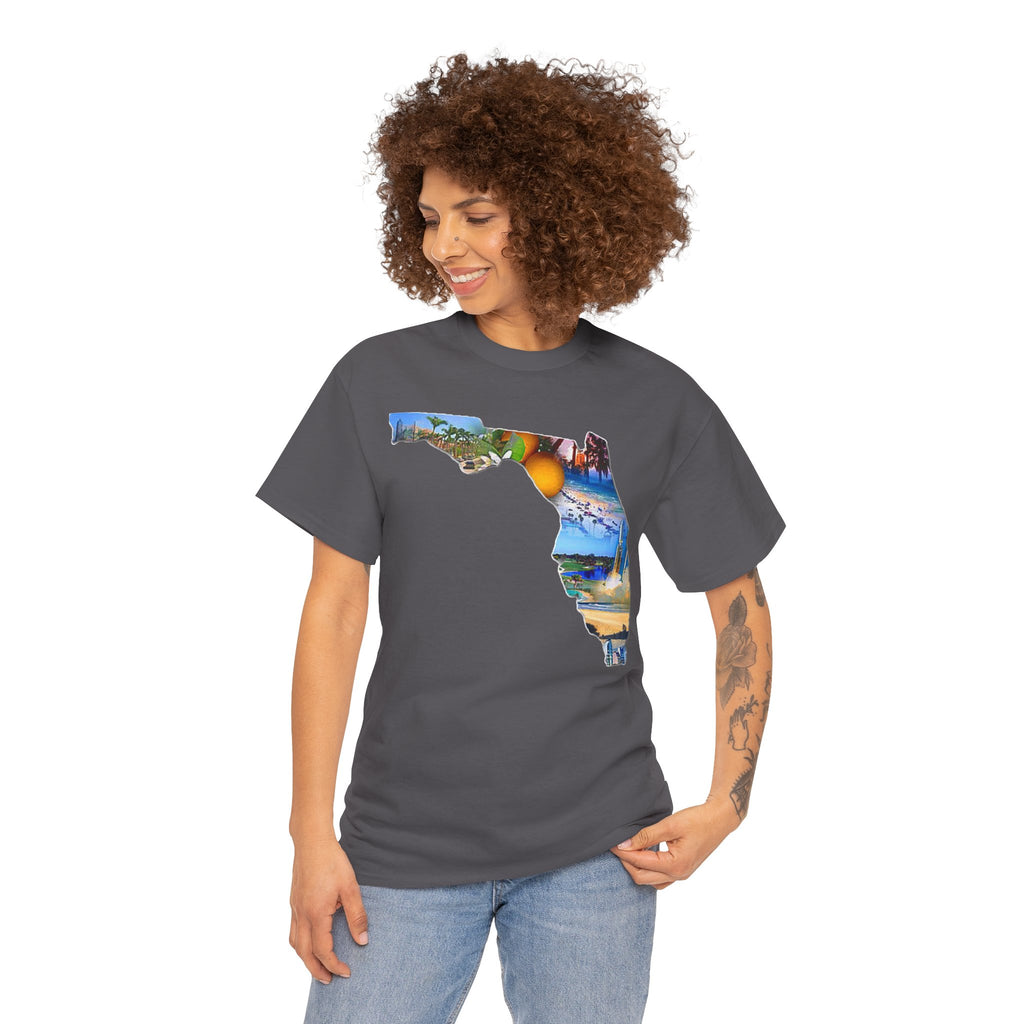 Florida State Shape T-Shirt — Scenic Beach & Sunset Map Tee