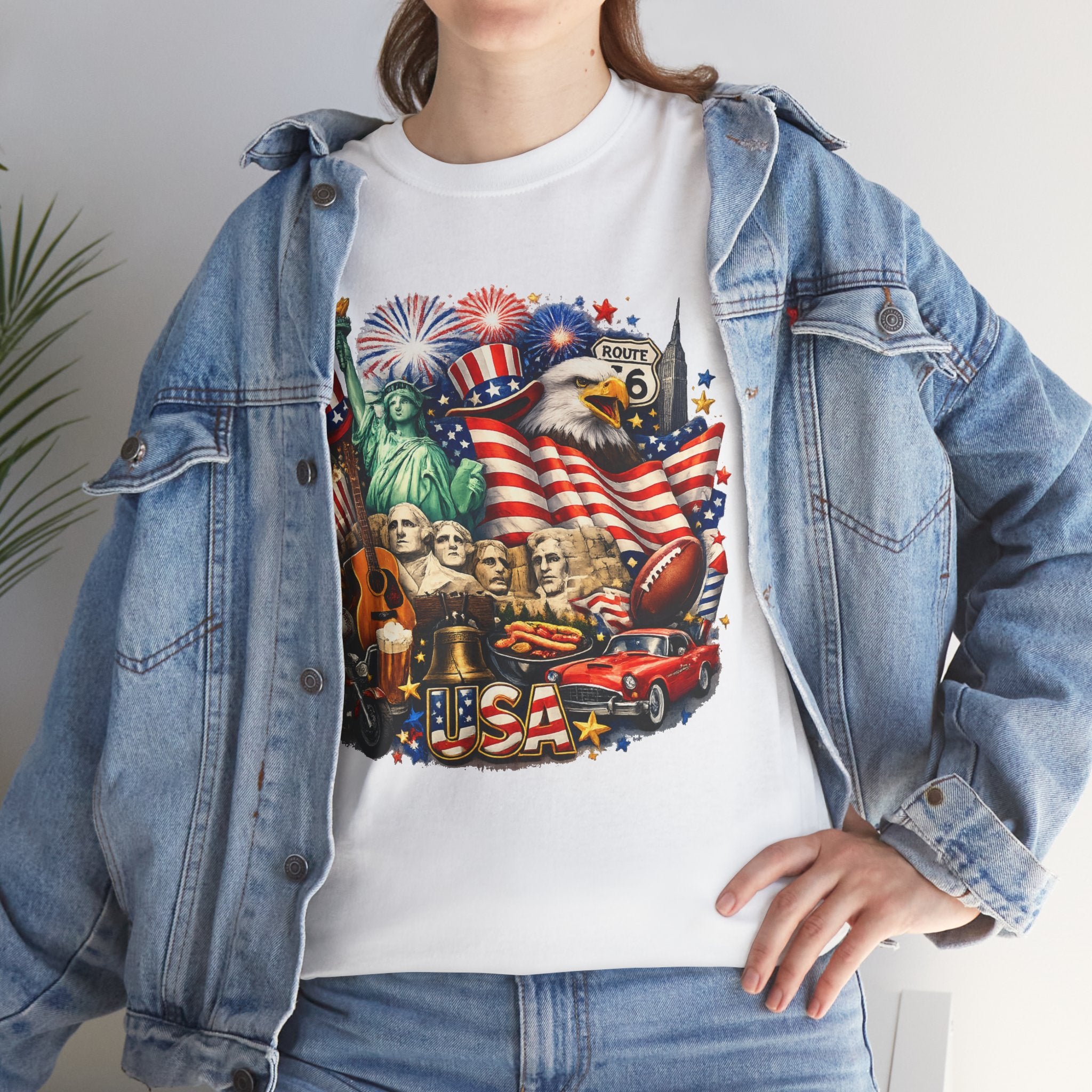 Patriotic USA Graphic Tee – American Flag, Statue of Liberty & Fireworks T-Shirt