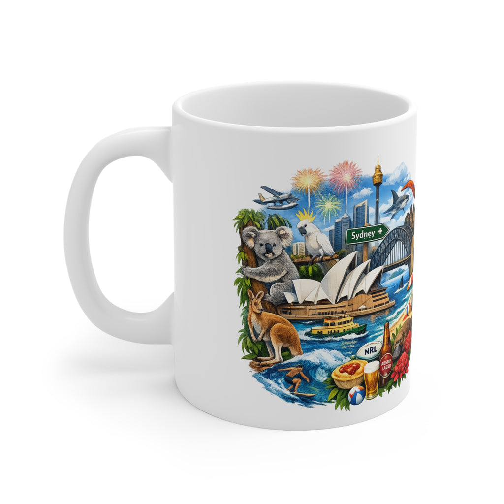 Sydney Australia Souvenir Coffee Mug — 11oz & 15oz Ceramic Cup with Opera House, Harbour Bridge & Native Wildlife