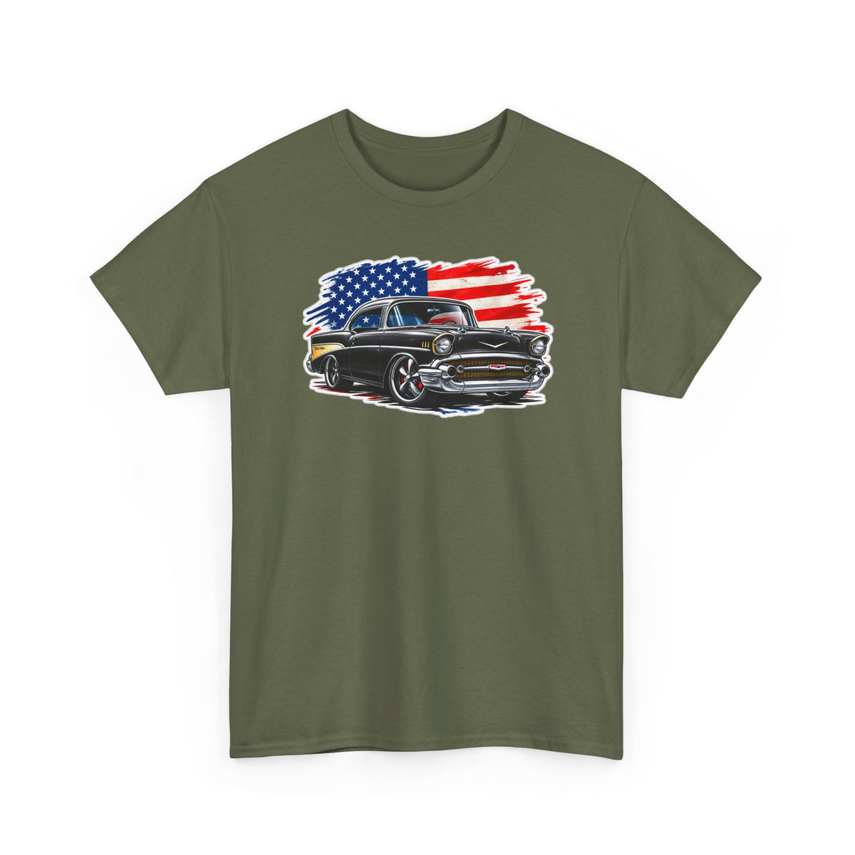 American Muscle Car T‑Shirt — Classic Vintage Car with USA Flag