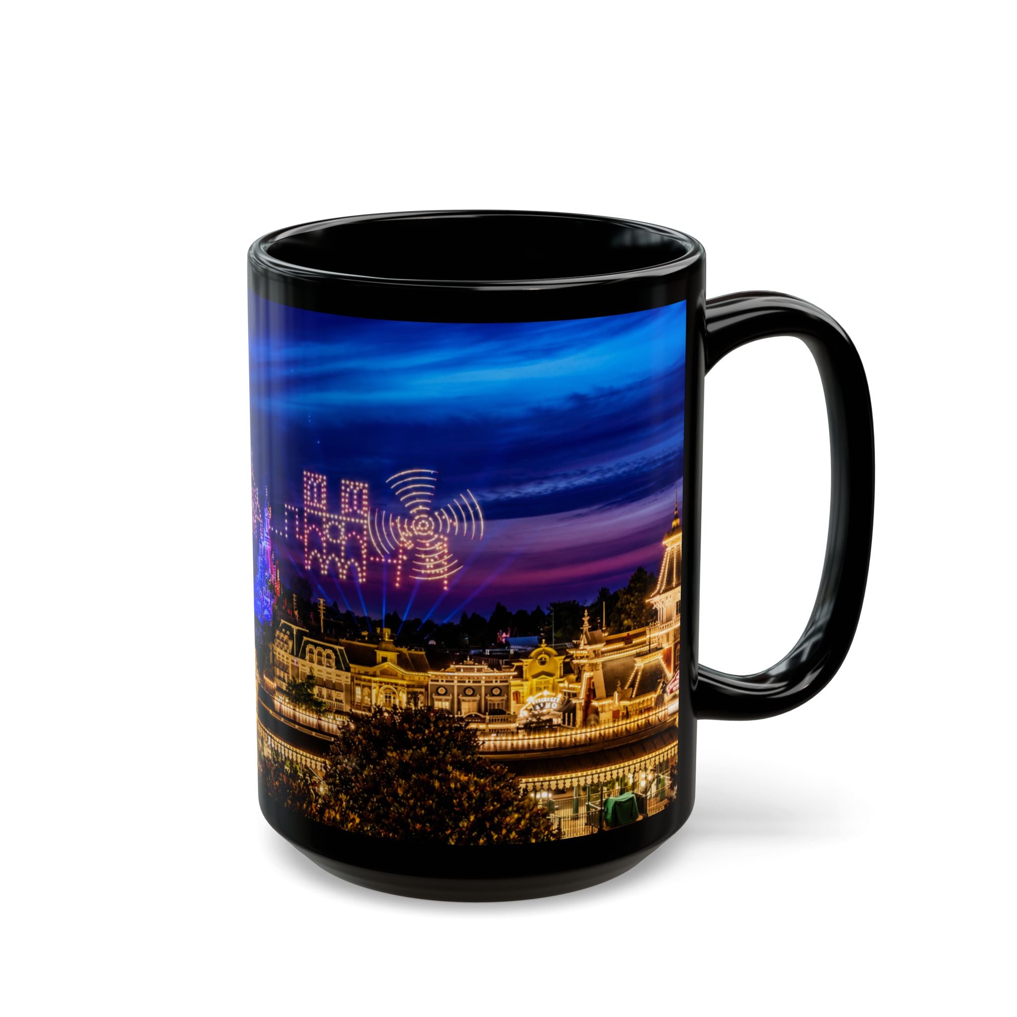 Disneyland Paris Park Nightscape Black Mug — Illuminated Main Street Skyline (11oz/15oz)