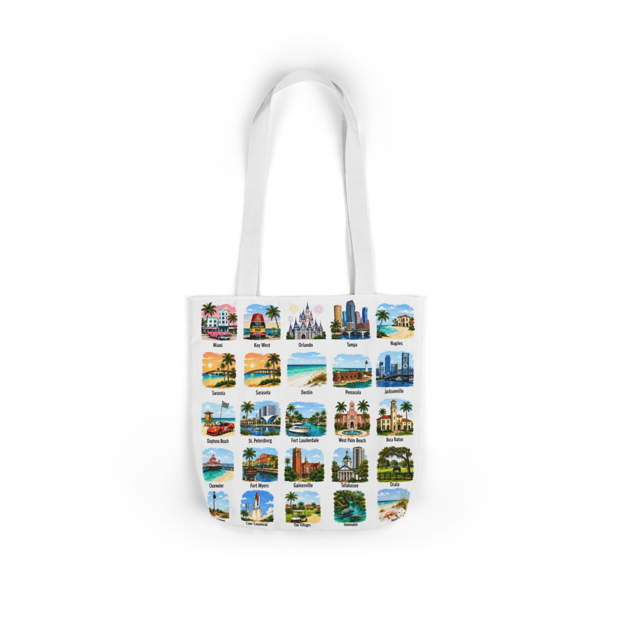 Florida City Landmark Collage Canvas Tote Bag — Vintage Travel Icons Print