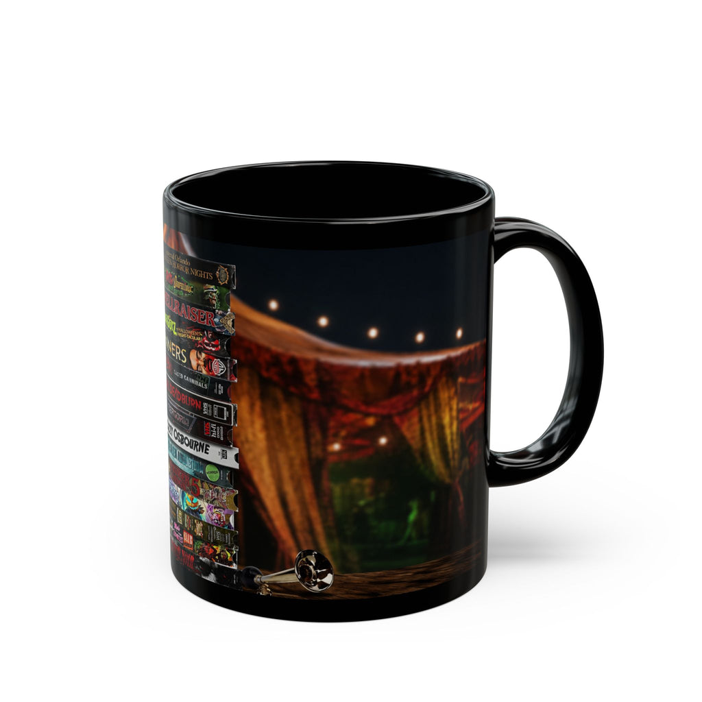 Gothic Horror Bookstack Black Coffee Mug — Vintage Circus, Witchy Reading Vibe (11oz/15oz)