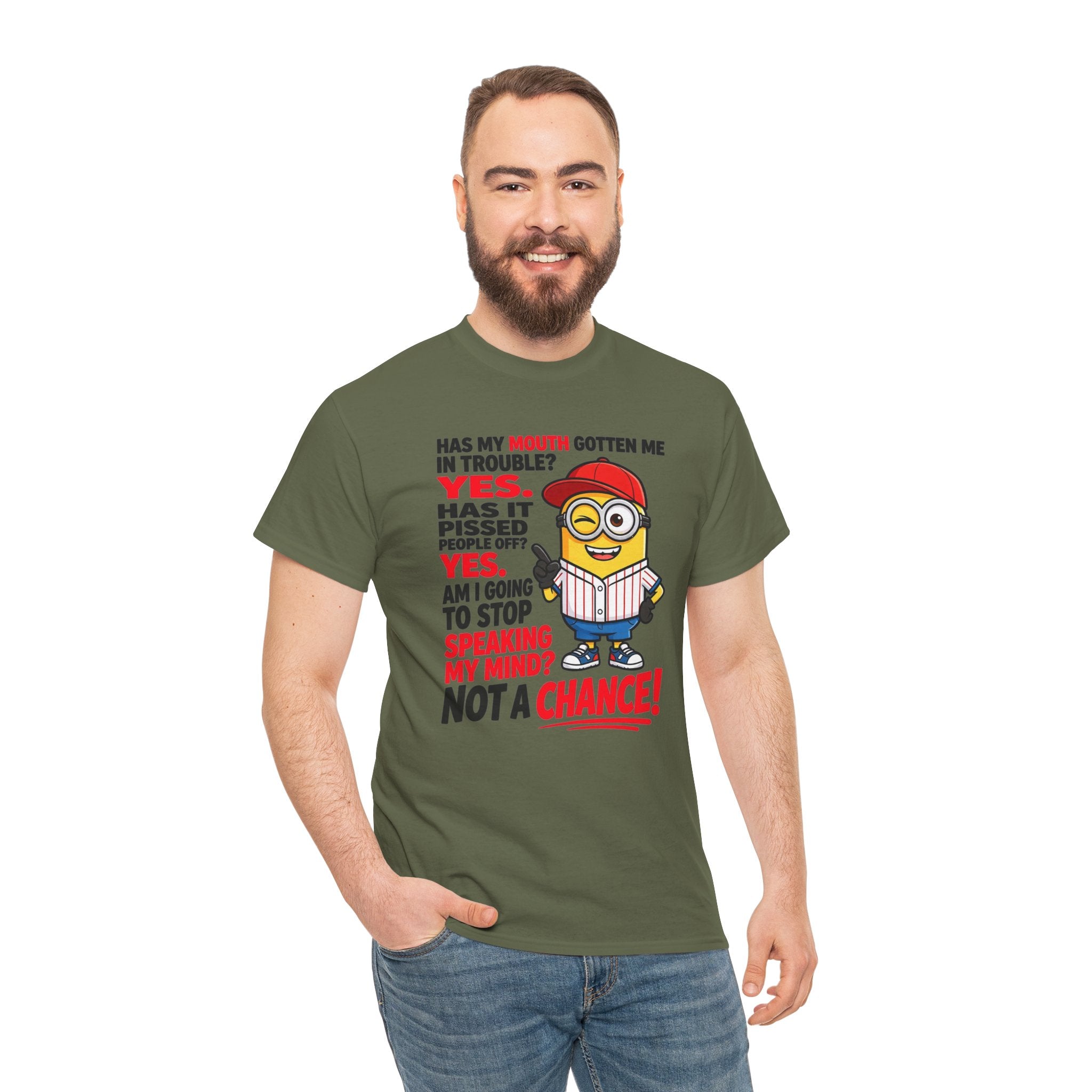 Funny Minion Shirt — "Has My Mouth Gotten Me in Trouble? Not a Chance!" Graphic Tee