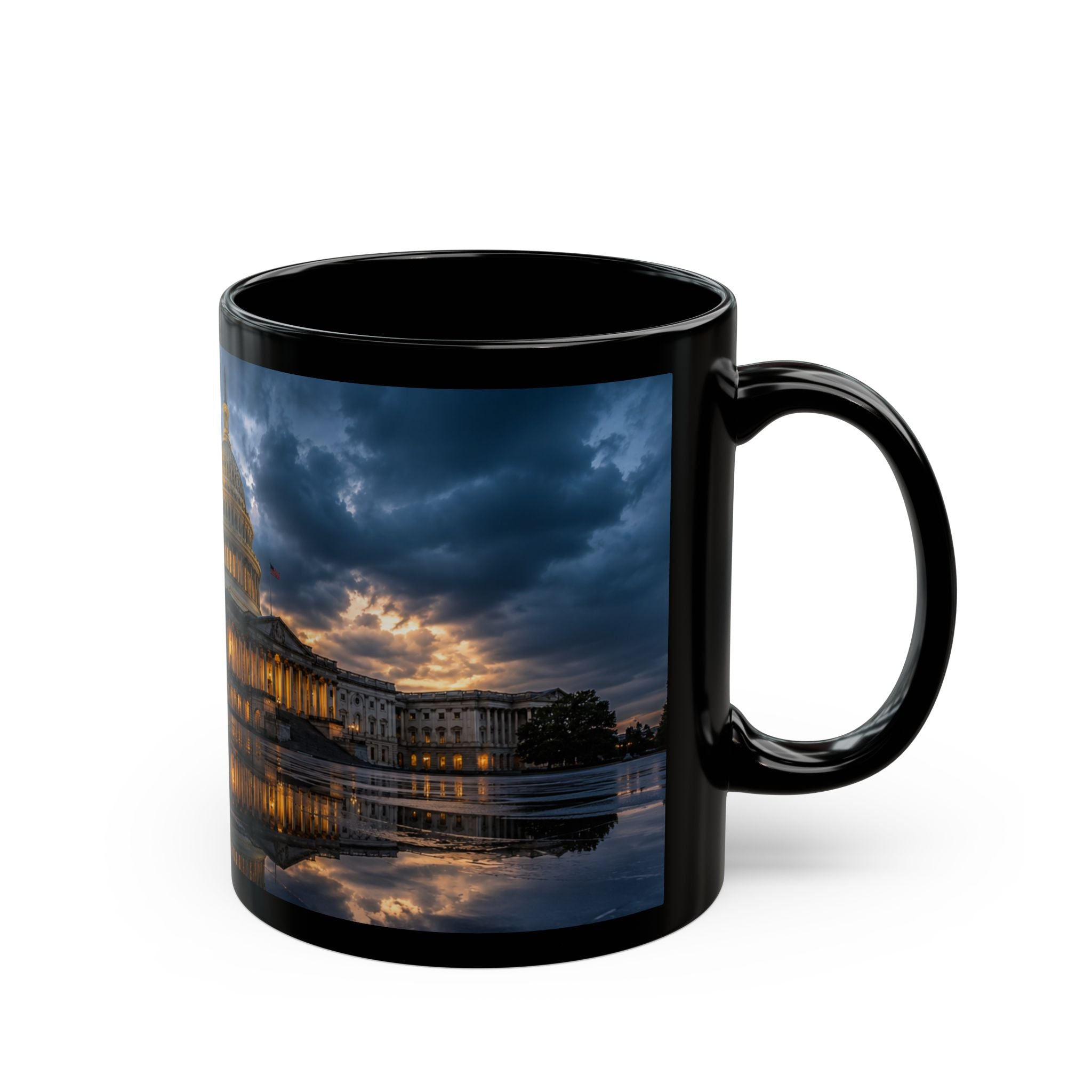 US Capitol Reflection Black Mug — Washington D.C. Skyline Coffee Cup (11oz, 15oz)