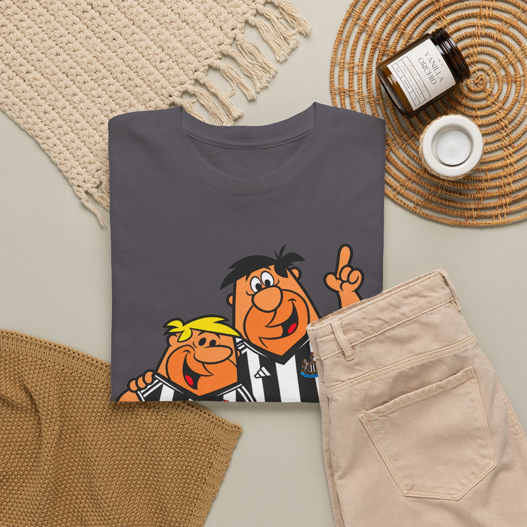 Newcastle United Flintstones Cartoon Cotton T-Shirt / Tee — Retro Striped Jersey Illustrations