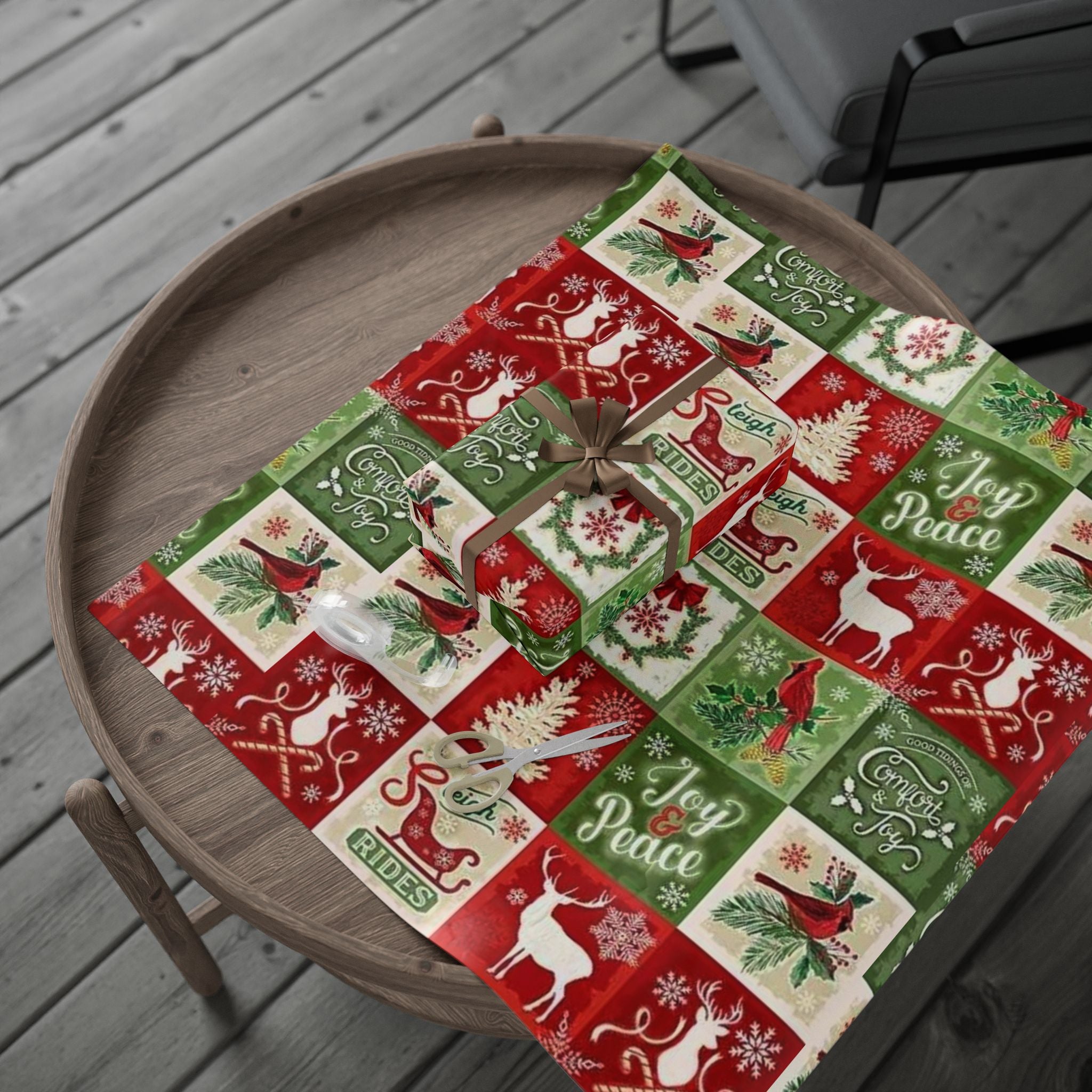 Christmas Patchwork Wrapping Paper Roll — Joy & Peace Holiday Gift Wrap