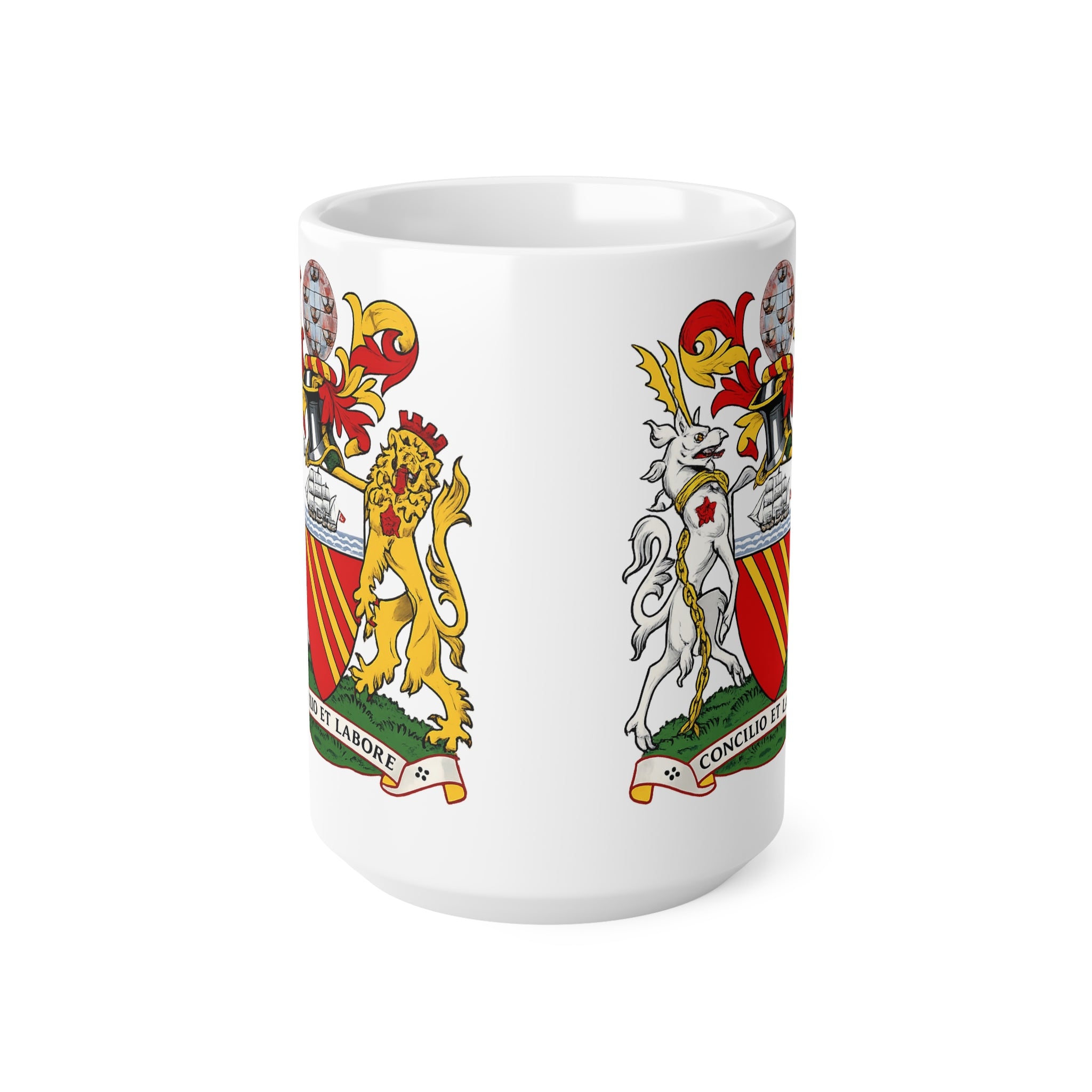 Manchester Coat of Arms Ceramic Coffee Mug — 11oz & 15oz Crest Mug ("Concilio et Labore")