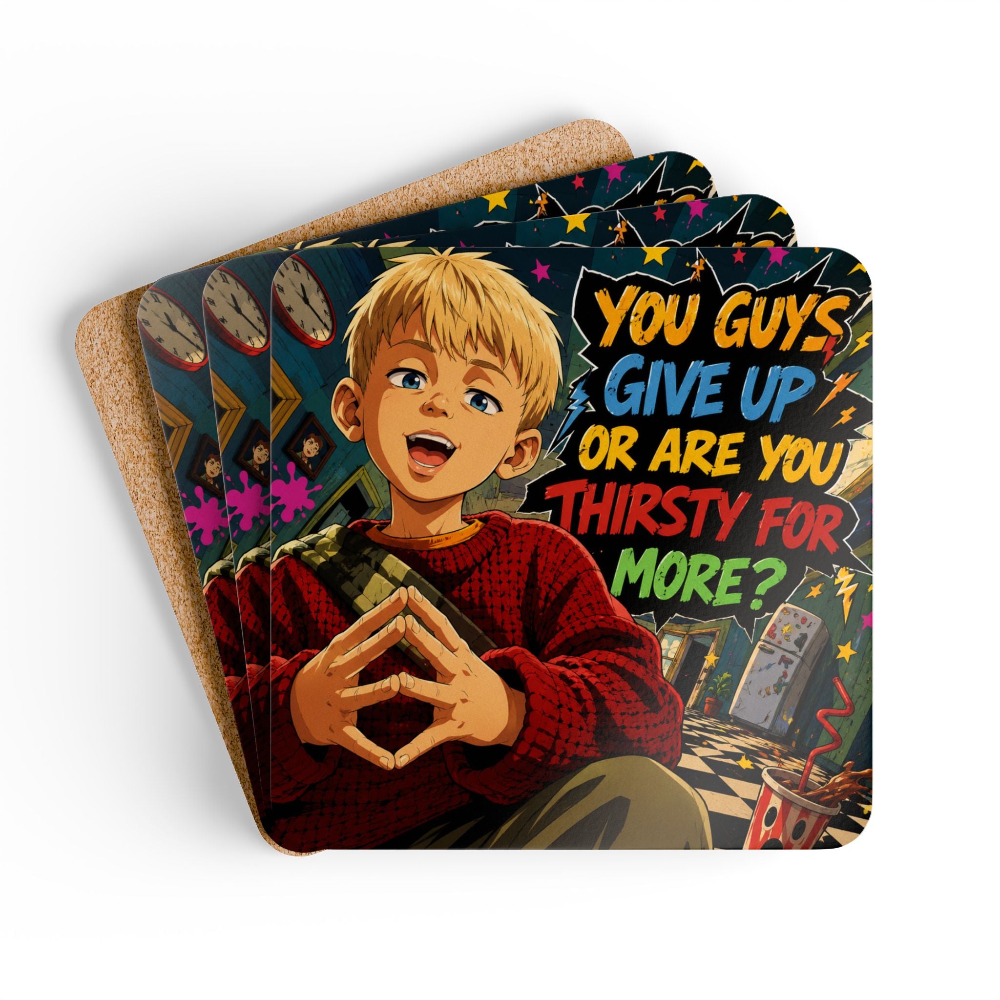 Home Alone Inspired Anime Quote Corkwood Coaster Set — "You Guys Give Up or Are You Thirsty for More?"