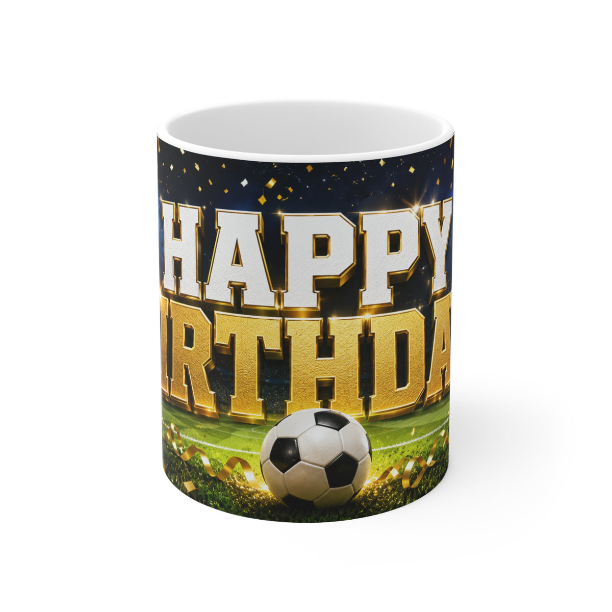Happy Birthday Soccer Fan Ceramic Mug — Gold Stadium Football Birthday Coffee Cup