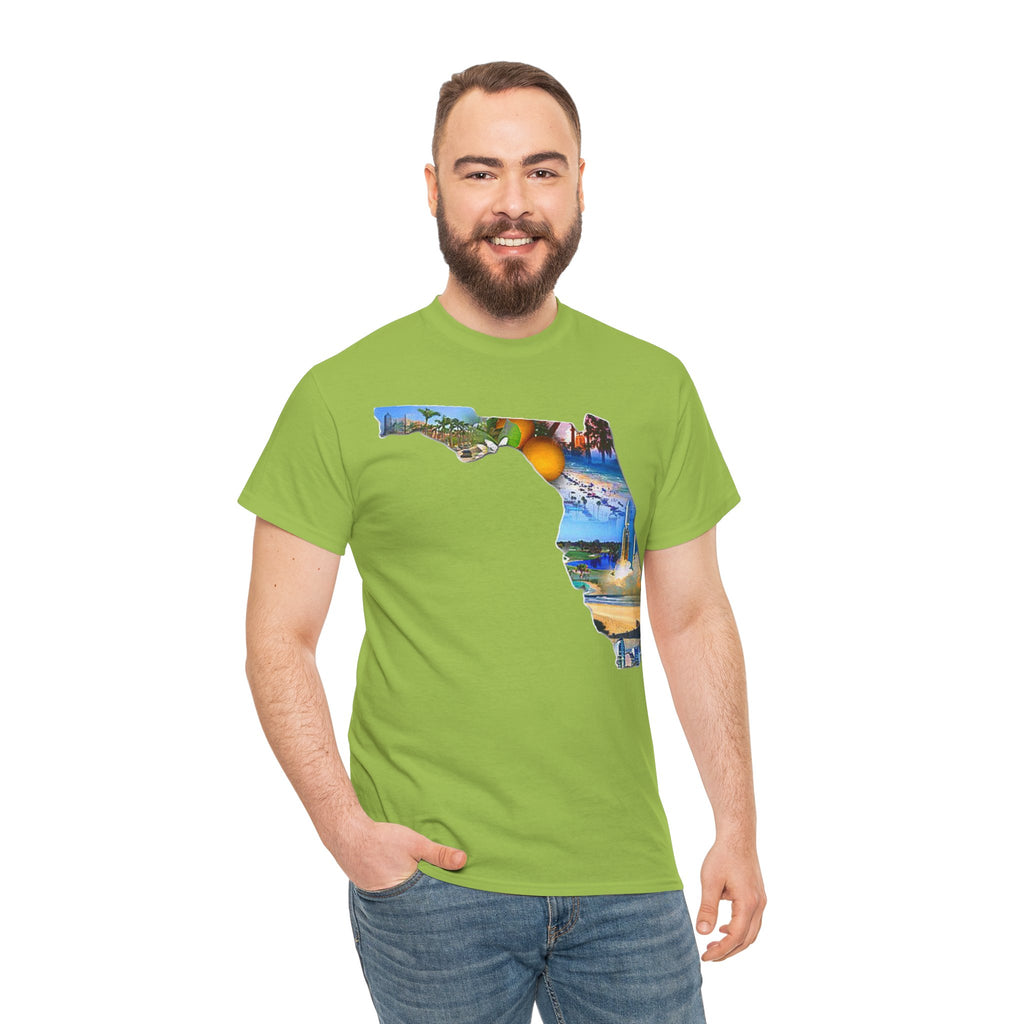 Florida State Shape T-Shirt — Scenic Beach & Sunset Map Tee