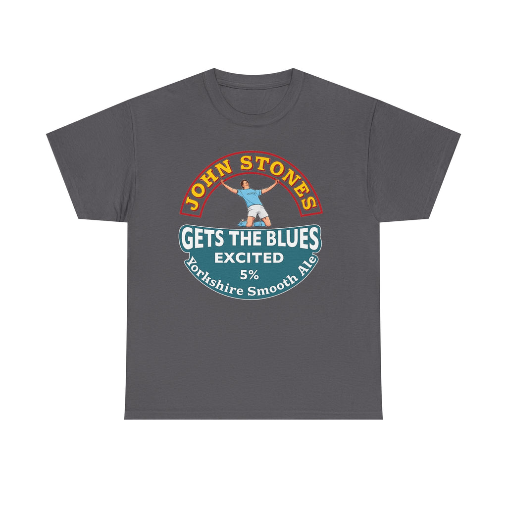 John Stones T-Shirt — "Gets The Blues Excited" Retro Ale Parody Tee