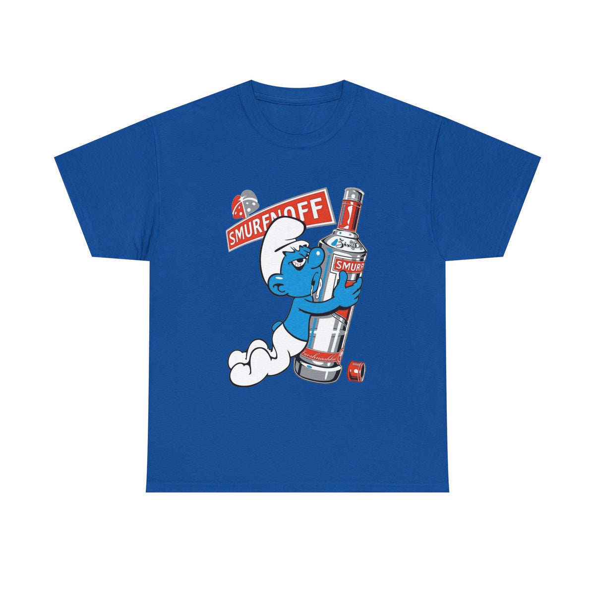 Smurf Holding Bottle Graphic Tee — "Smurf Off" Retro Cartoon T-Shirt