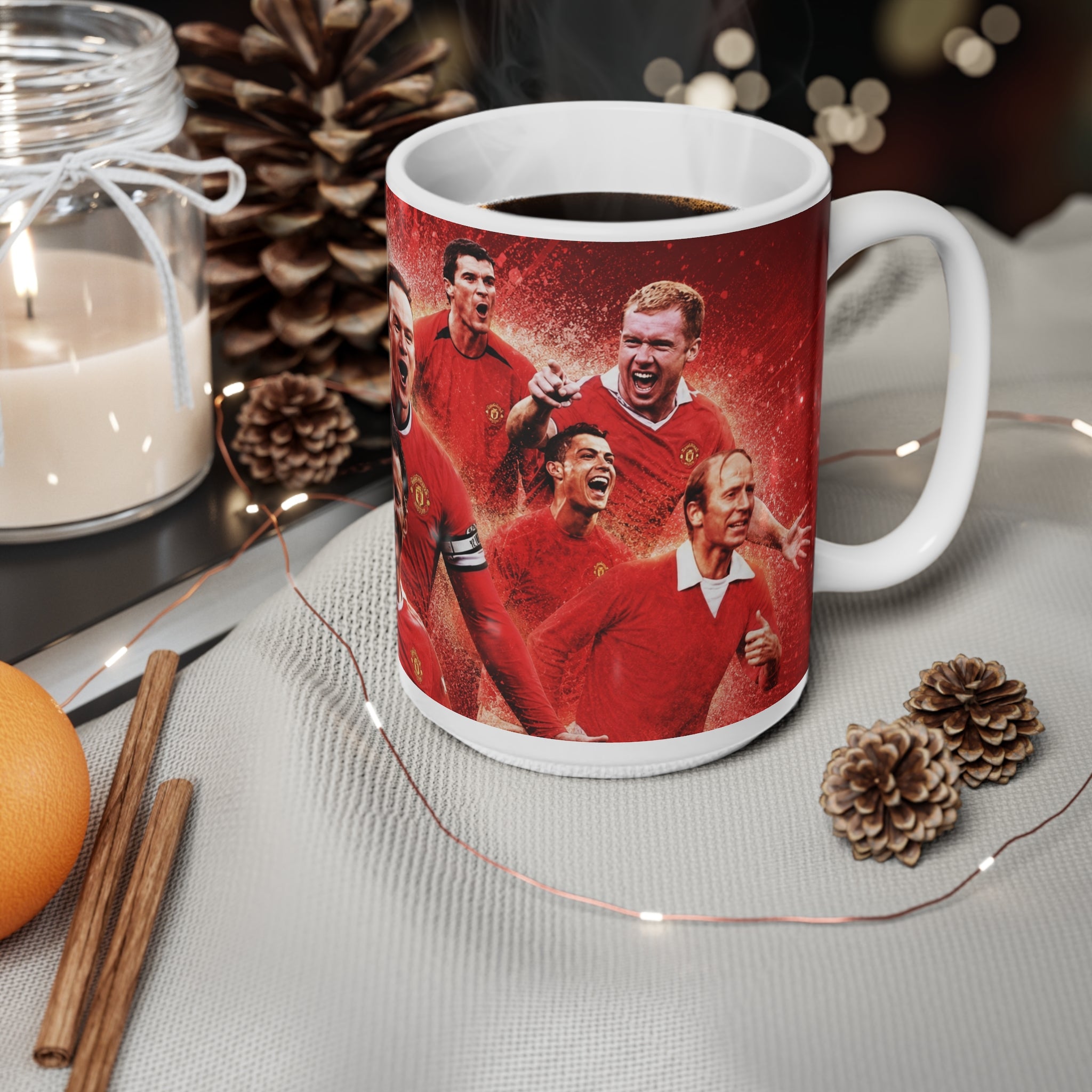 Manchester United Football Legends Ceramic Mug — Retro Soccer Team Collage (11oz, 15oz)