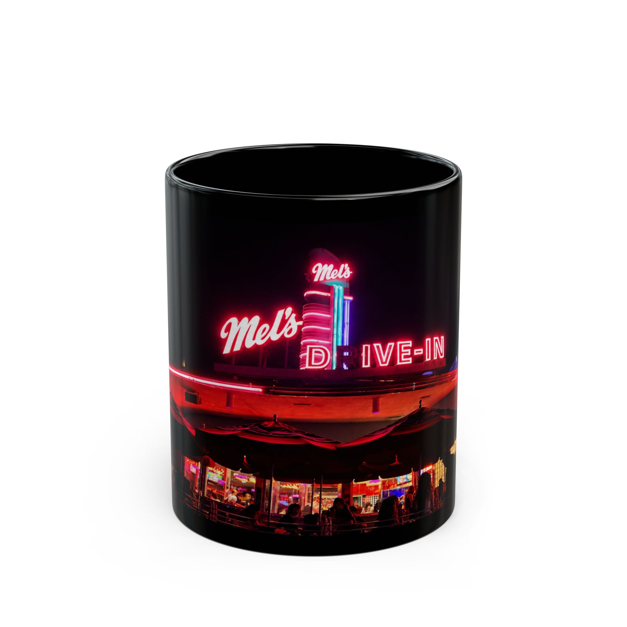 Mel's Drive-In Neon Night Coffee Mug — Retro Diner Black Ceramic Mug (11oz, 15oz)