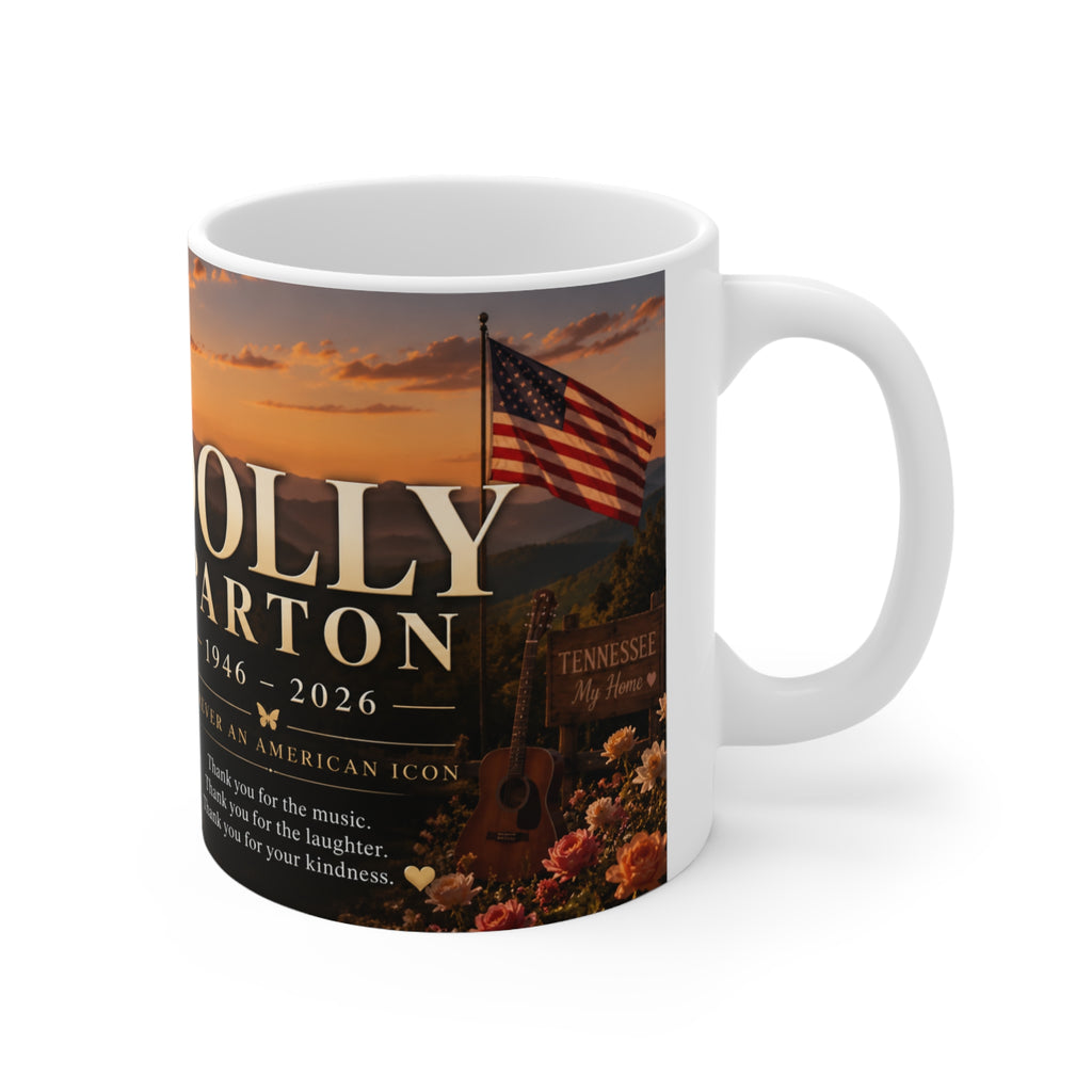 Dolly Parton Memorial Sunset Portrait Mug — Inspirational Tribute Ceramic Coffee Cup