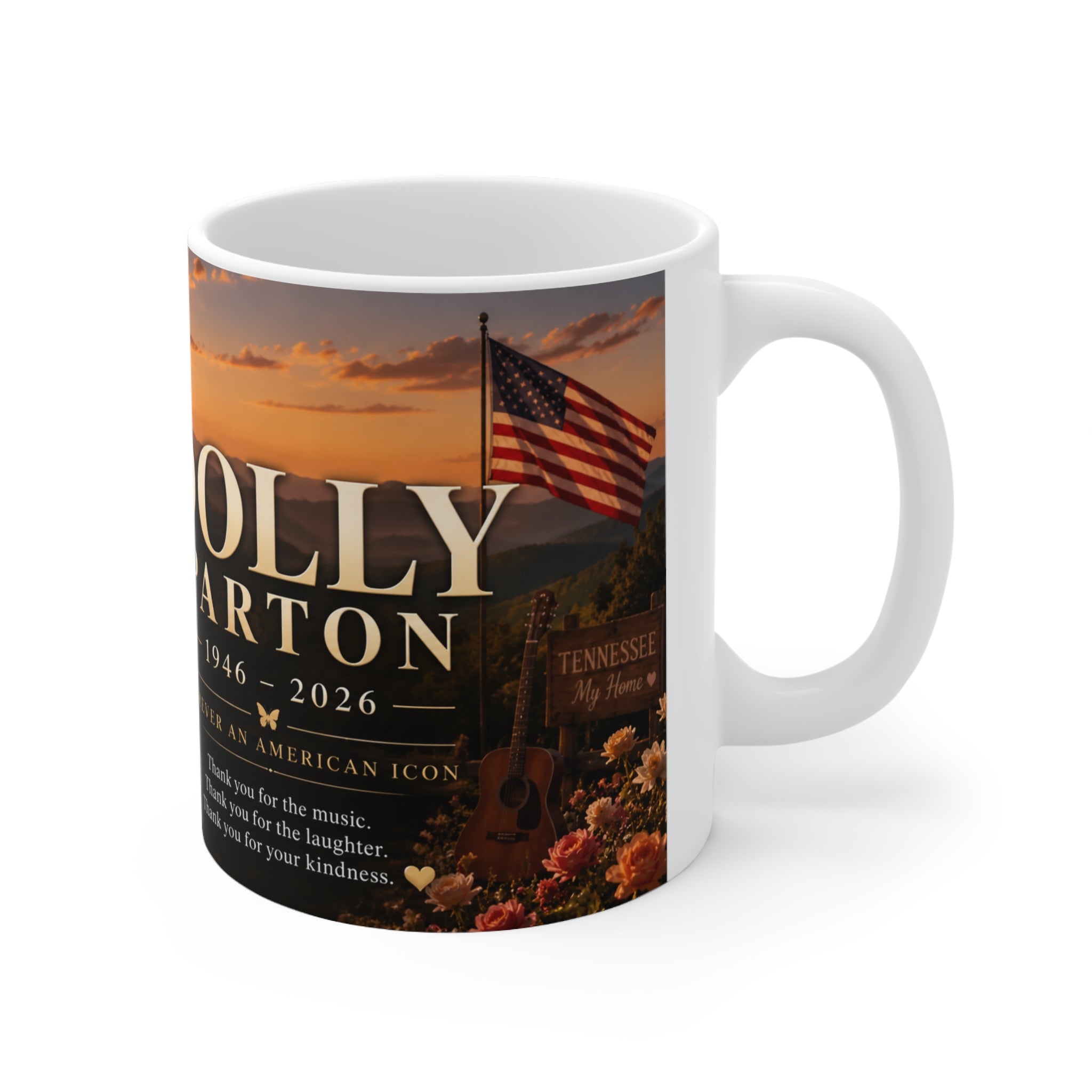 Dolly Parton Memorial Sunset Portrait Mug — Inspirational Tribute Ceramic Coffee Cup