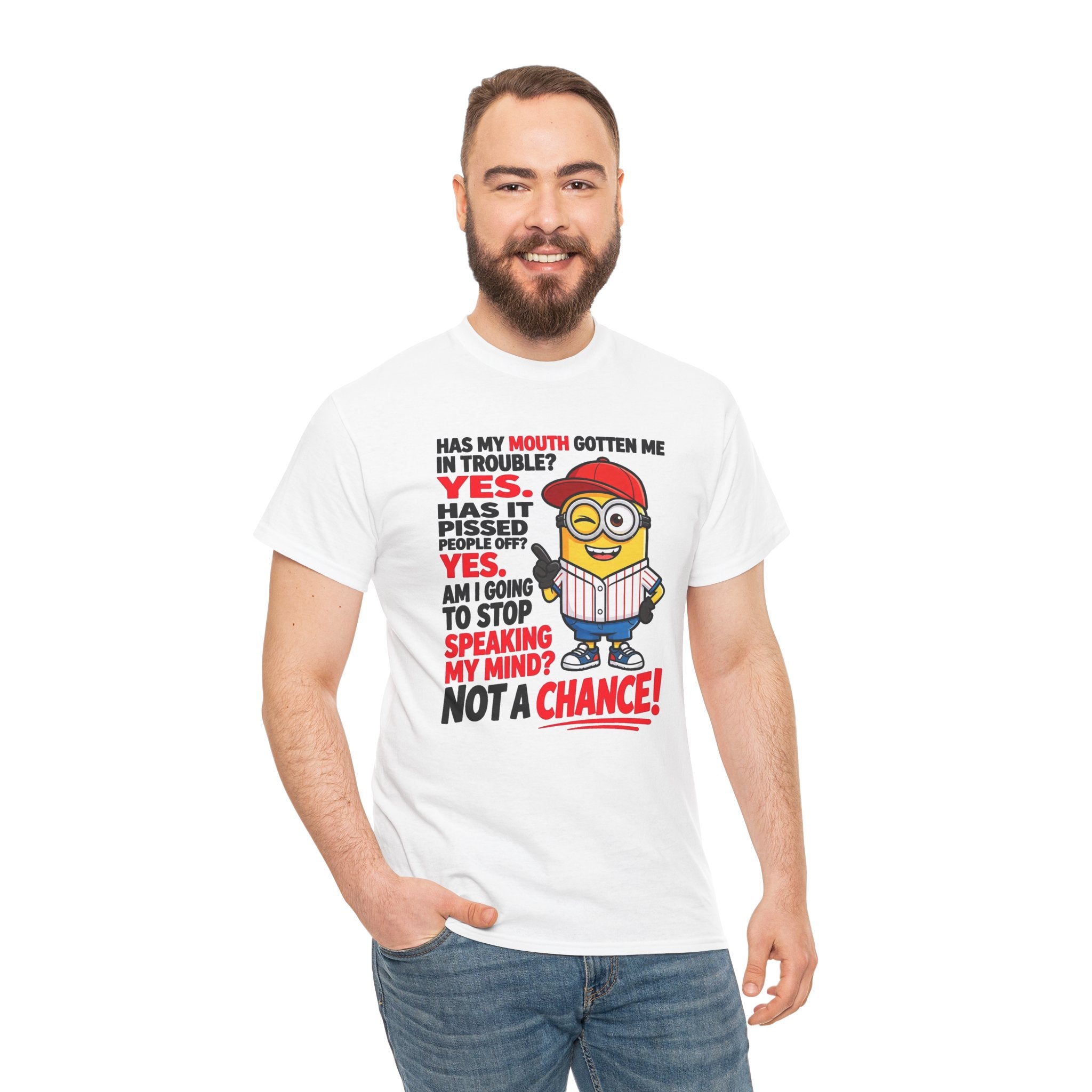 Funny Minion Shirt — "Has My Mouth Gotten Me in Trouble? Not a Chance!" Graphic Tee