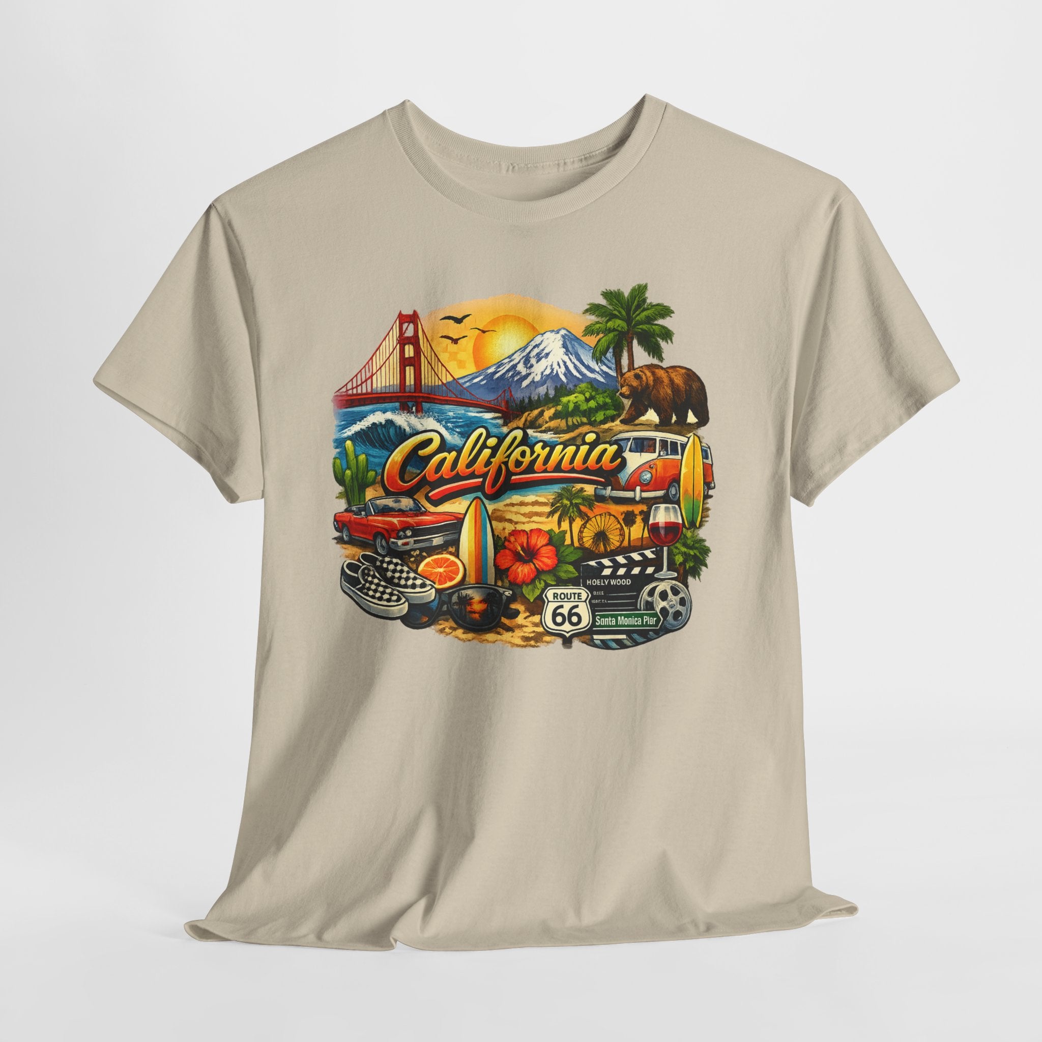 California Vintage Travel T-Shirt — Golden Gate, Palm Trees & Route 66 Tee