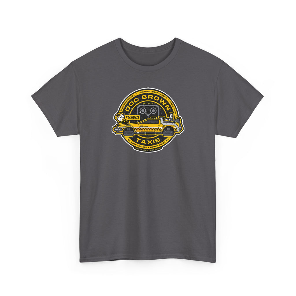 Vintage Taxi Badge T-Shirt — 'Doc Brown Taxis' Retro Cab Logo Tee