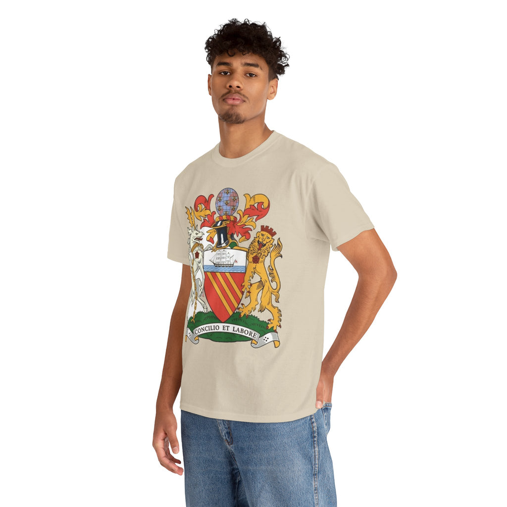 Manchester Coat of Arms Crest T‑Shirt — Heraldic Family Shield Tee with 'Concilio et Labore' Banner