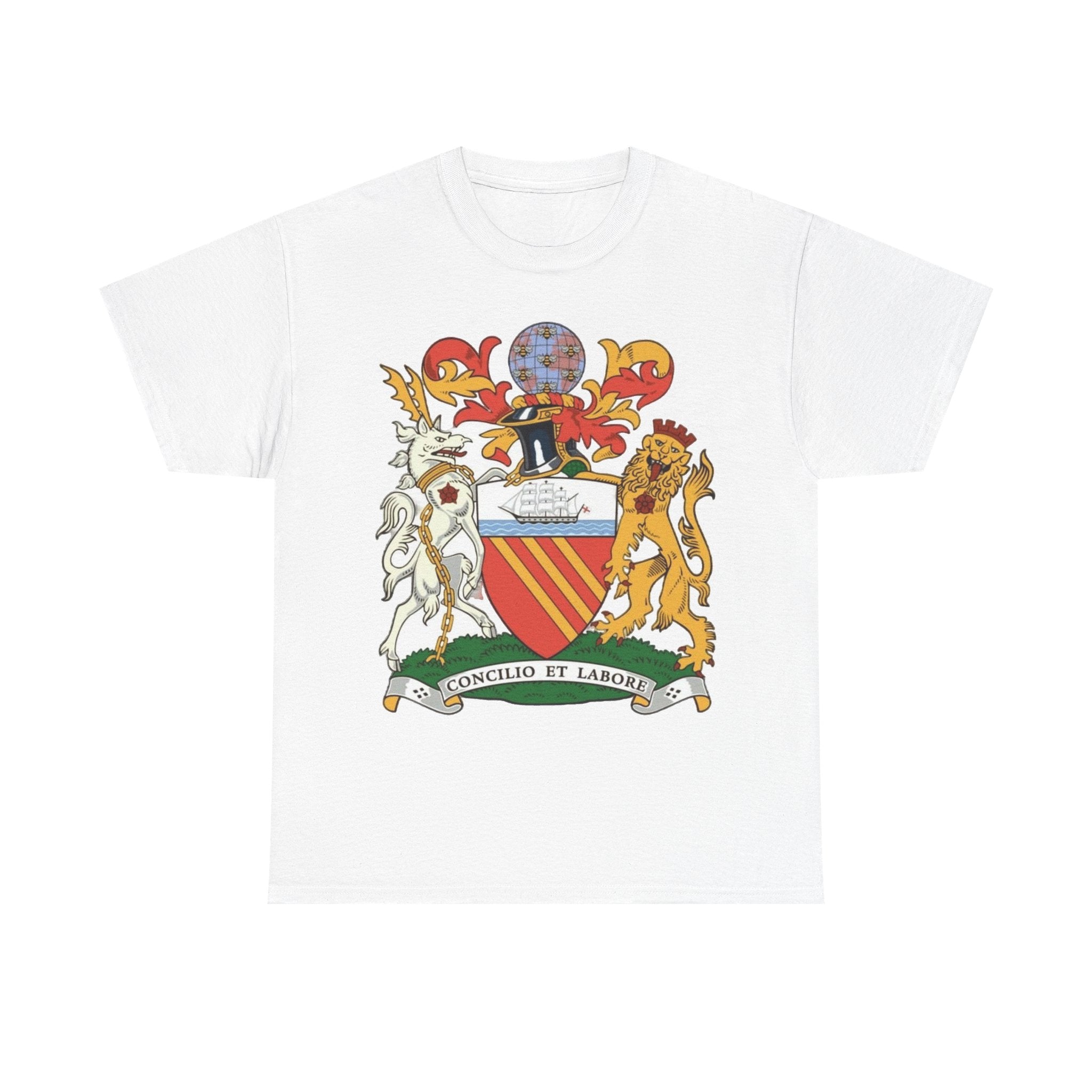 Manchester Coat of Arms Crest T‑Shirt — Heraldic Family Shield Tee with 'Concilio et Labore' Banner