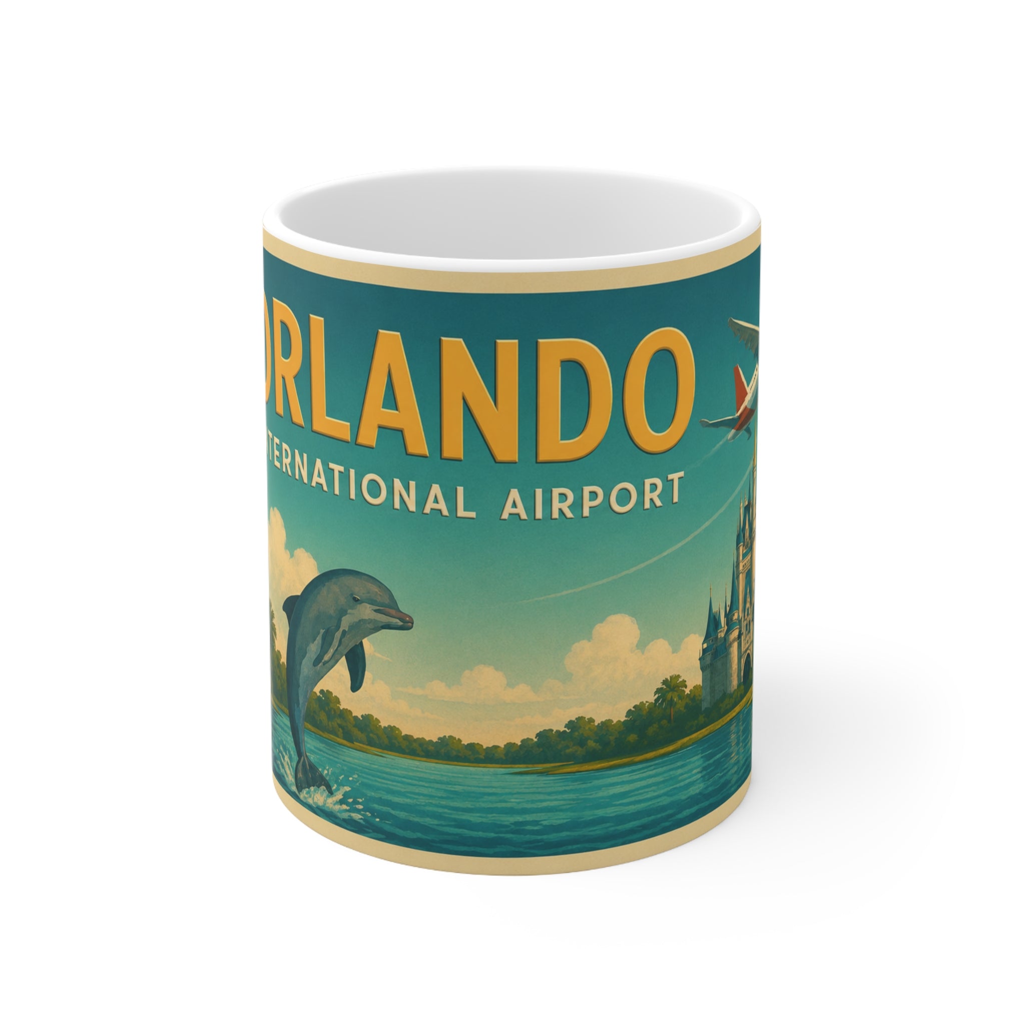 Orlando Vintage Travel Mug – 'Orlando International Airport' Retro Dolphin & Palm Coffee Cup (11oz, 15oz)