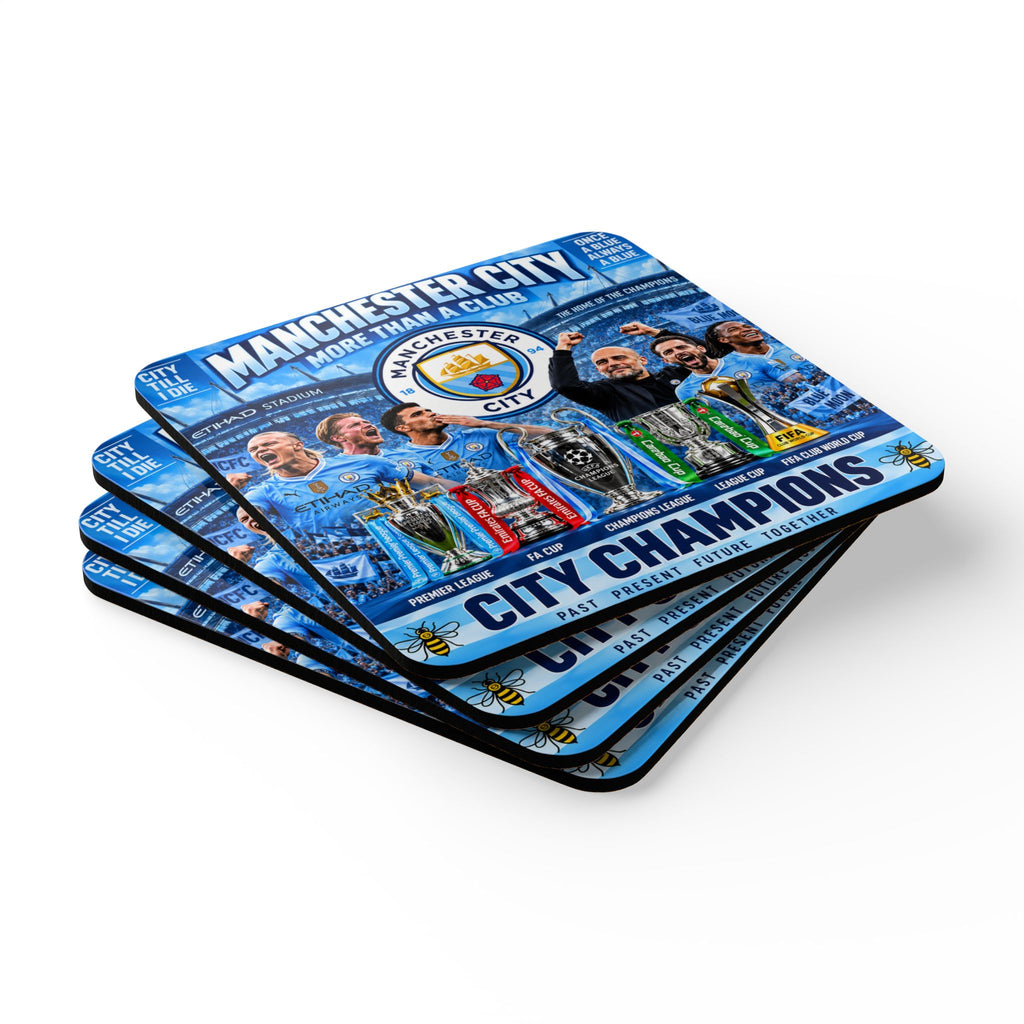 Manchester City Champions Corkwood Coaster Set — City Champions Football Team Drink Coasters