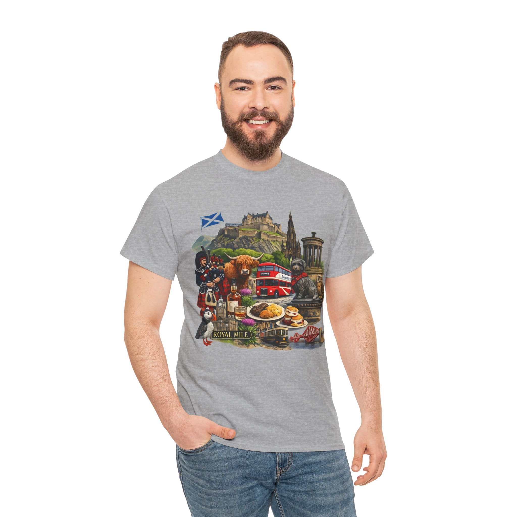 Scotland / Edinburgh Travel Collage T-Shirt — Edinburgh Castle, Bagpipes & Local Icons