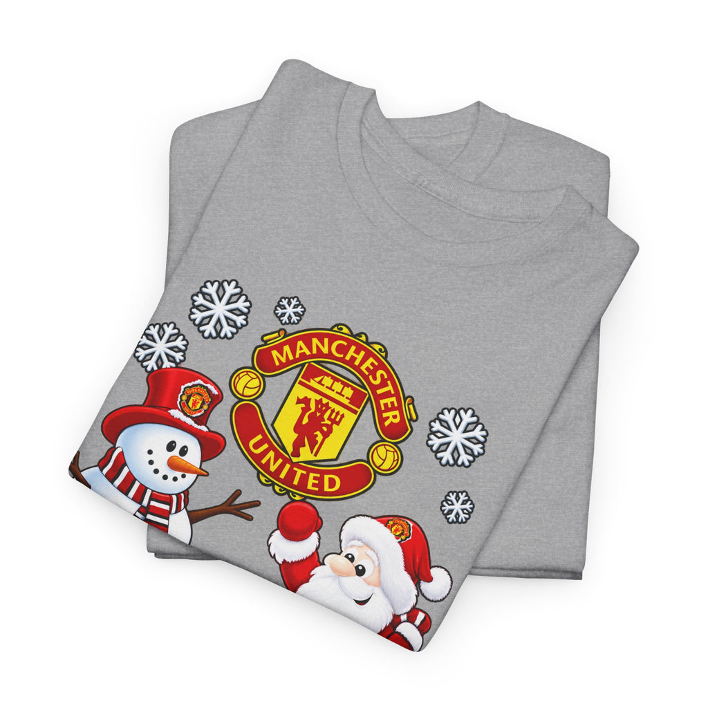Manchester United Christmas Cotton Tee — Santa & Snowman Football Holiday Shirt
