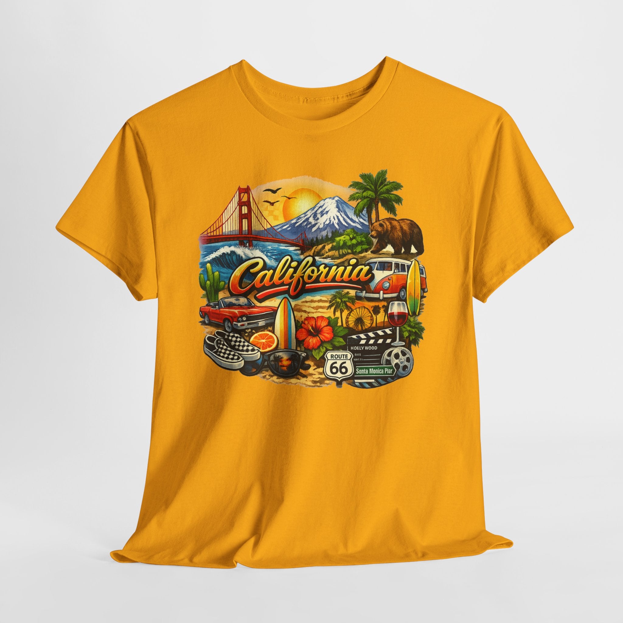 California Vintage Travel T-Shirt — Golden Gate, Palm Trees & Route 66 Tee