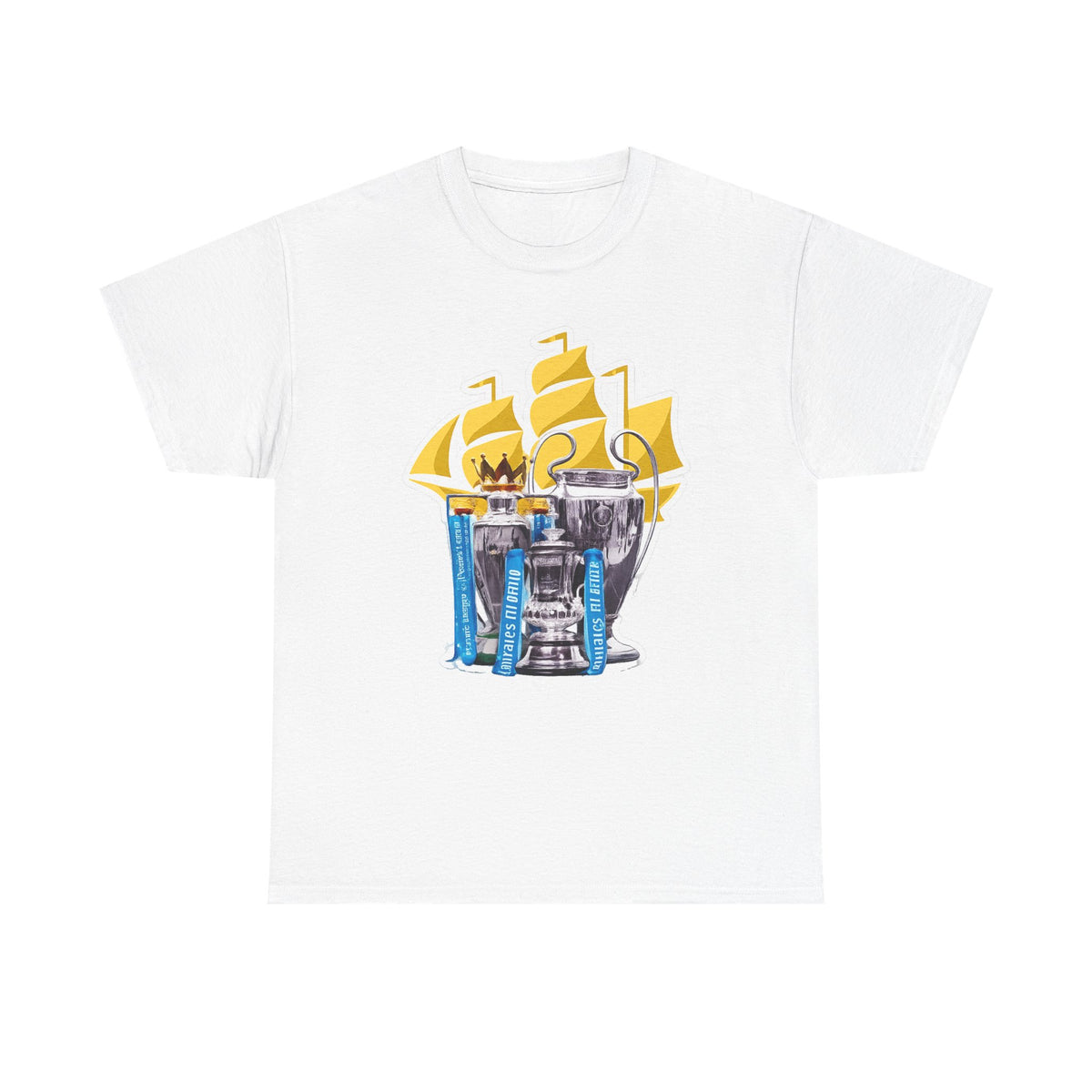 Manchester City Champions Trophy Tee – Golden Cups & Blue Scarves Football Fan Shirt