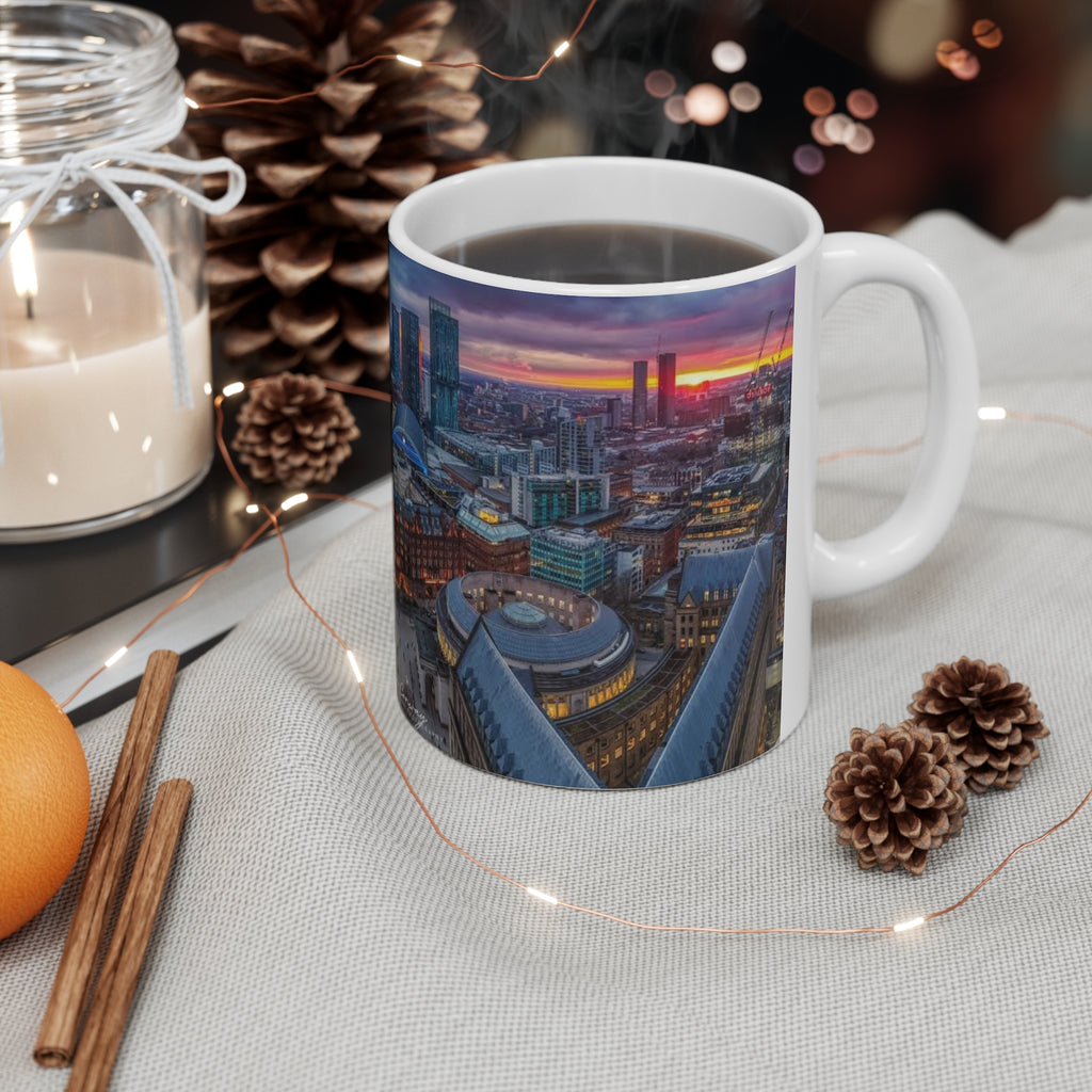 Manchester Cityscape Ceramic Mug — Aerial Skyline Sunset Coffee Cup (11oz, 15oz)