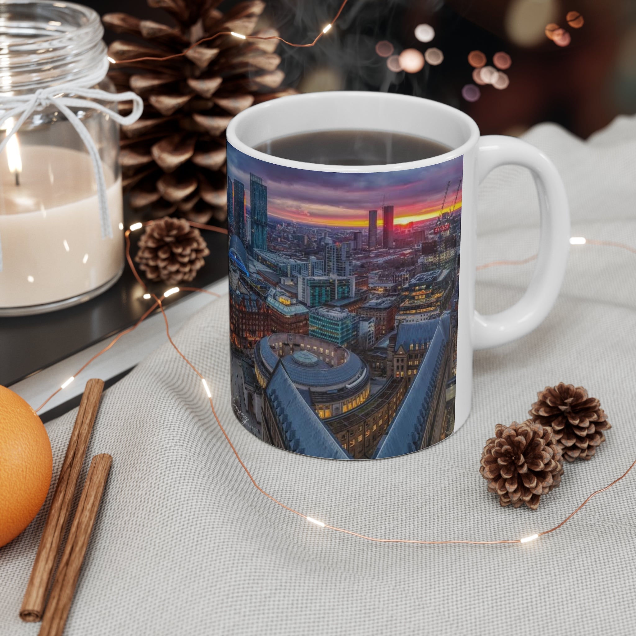 Manchester Cityscape Ceramic Mug — Aerial Skyline Sunset Coffee Cup (11oz, 15oz)