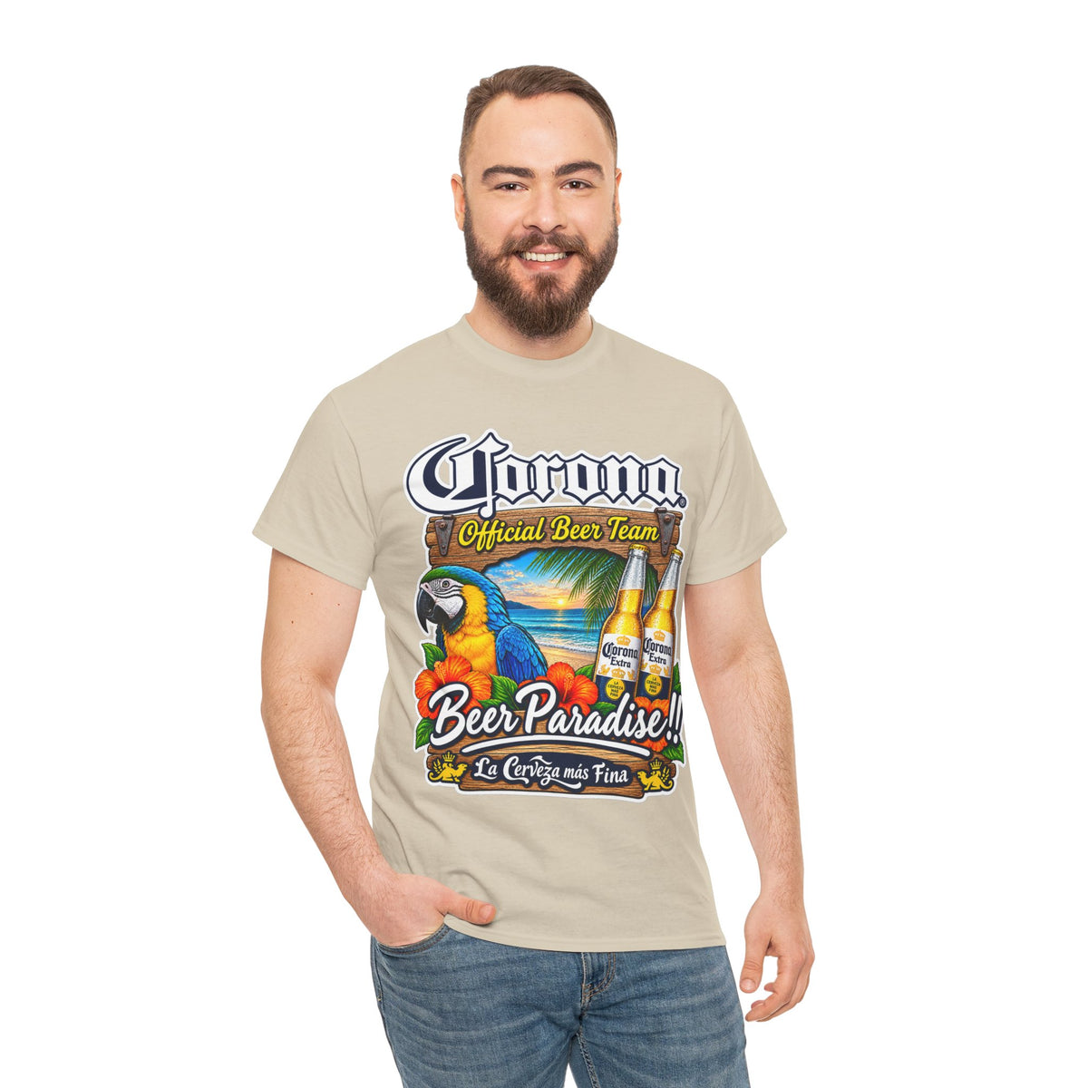 Corona Beer Paradise Tee — Tropical Parrot Beach Beer T‑Shirt