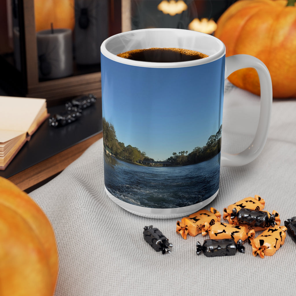 American Flag Waterfront Photo Ceramic Mug — Patriotic 11oz & 15oz Coffee Cup