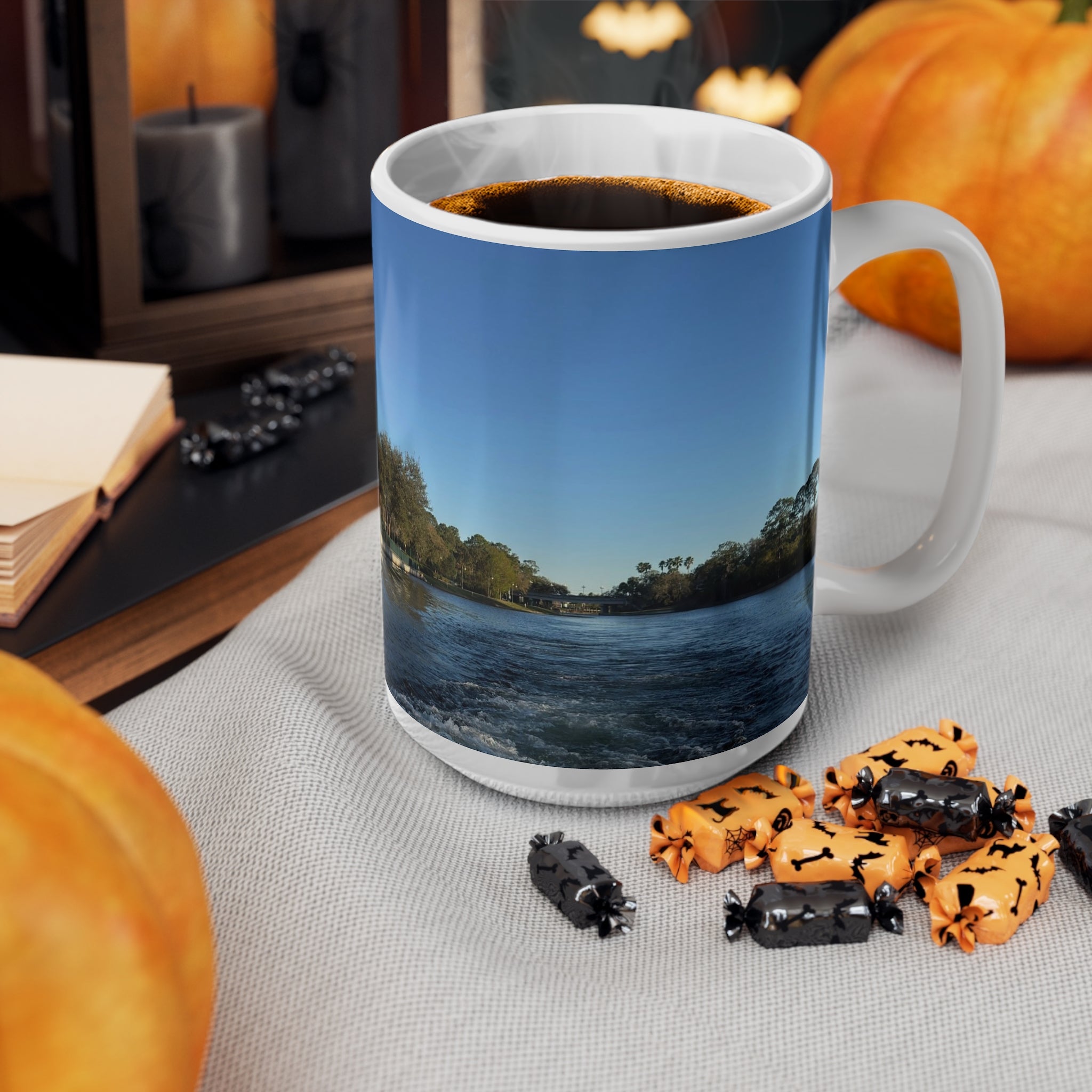 American Flag Waterfront Photo Ceramic Mug — Patriotic 11oz & 15oz Coffee Cup