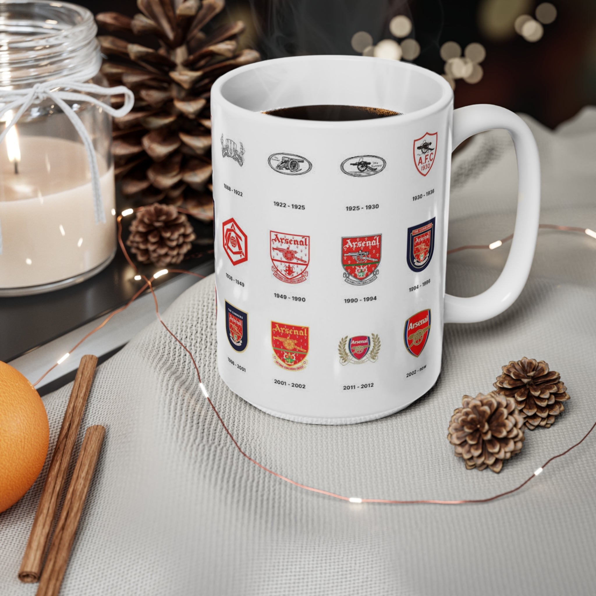 Arsenal Crest Evolution Coffee Mug — Timeline of Club Crests, 11oz & 15oz
