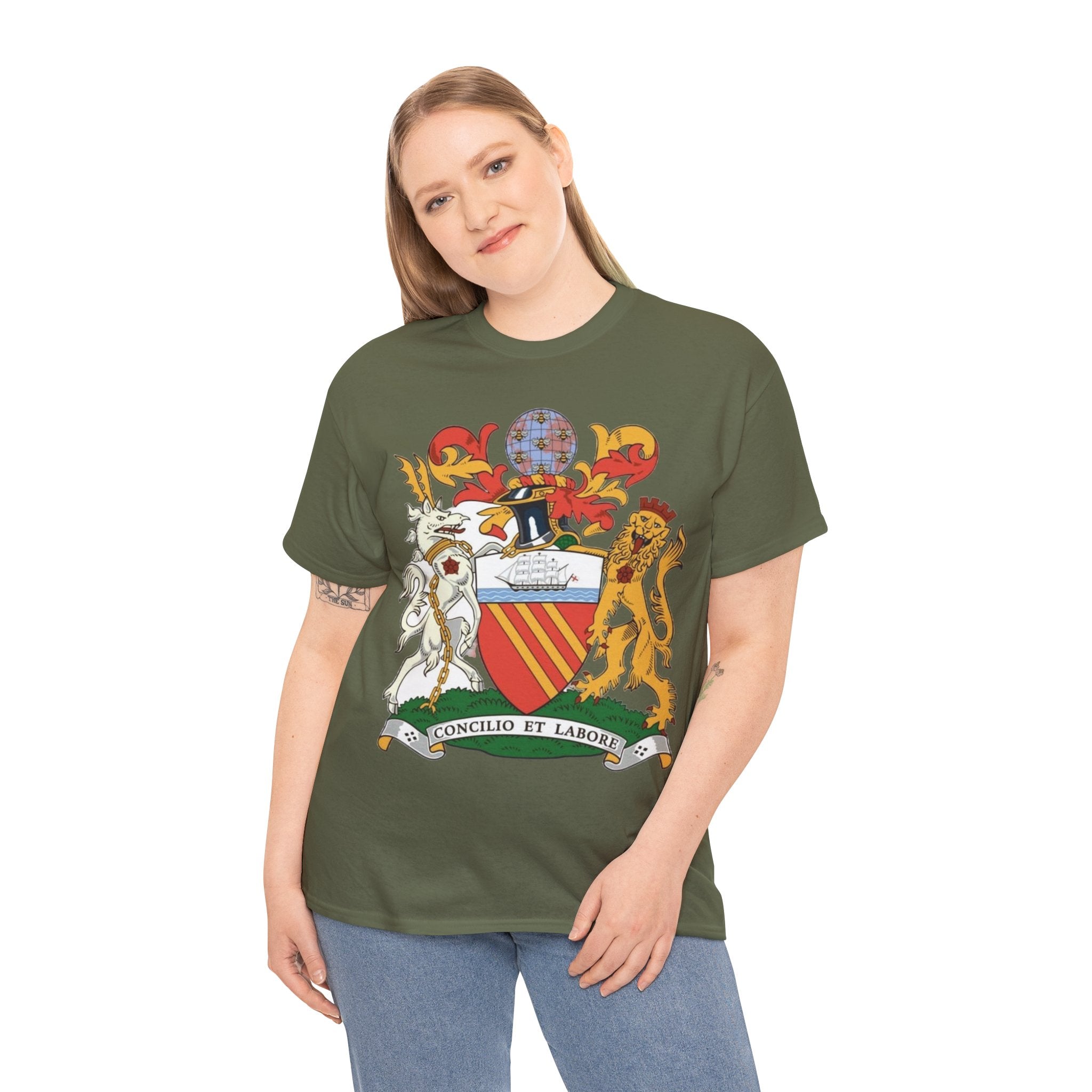 Manchester Coat of Arms Crest T‑Shirt — Heraldic Family Shield Tee with 'Concilio et Labore' Banner