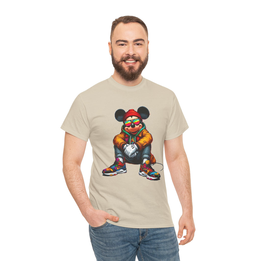 Mickey Mouse Streetwear Graphic Tee — Hip-Hop Mouse Character Sitting in Sneakers