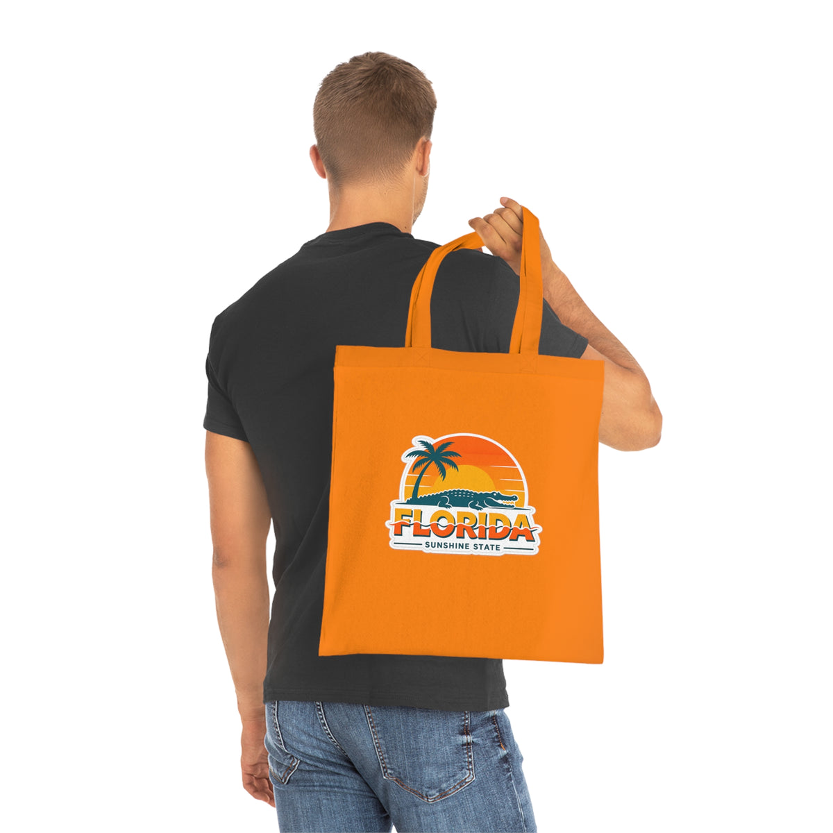 Florida Sunshine State Palm Tree Tote Bag — Retro Beach Sunset Cotton Tote