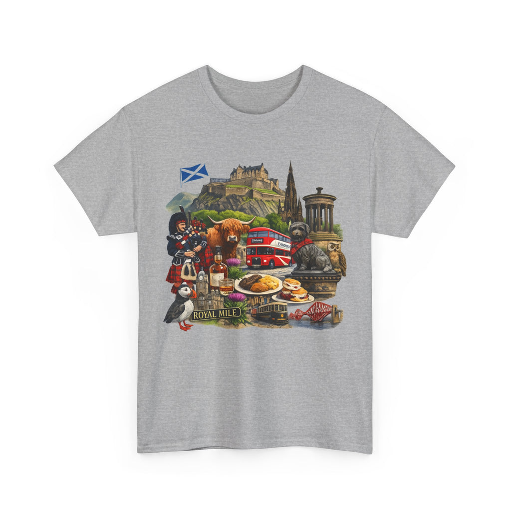 Scotland / Edinburgh Travel Collage T-Shirt — Edinburgh Castle, Bagpipes & Local Icons