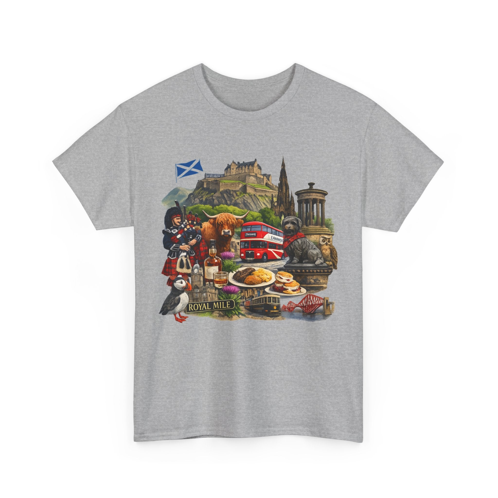 Scotland / Edinburgh Travel Collage T-Shirt — Edinburgh Castle, Bagpipes & Local Icons