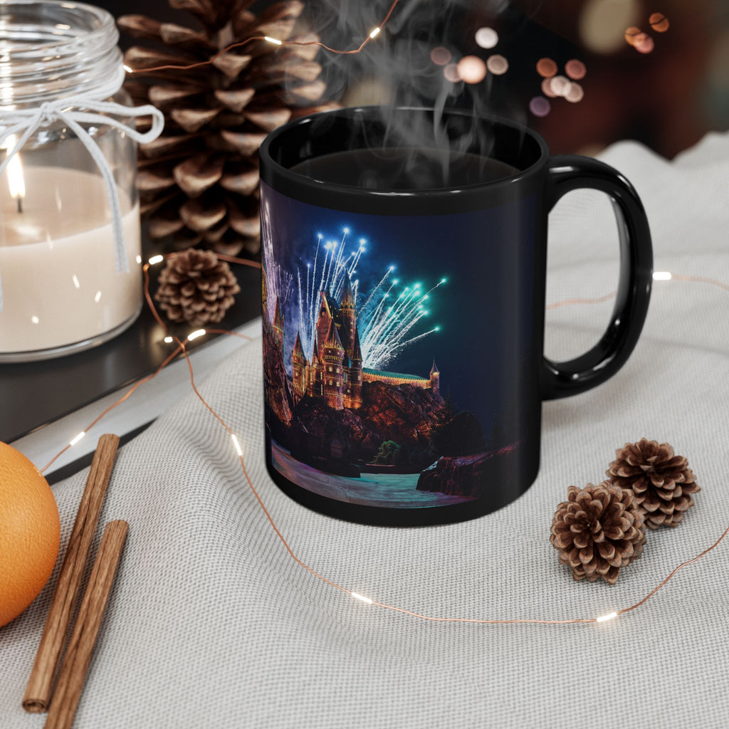 Hogwarts Castle Fireworks Night Black Mug — Castle Nightscape Coffee Cup (11oz/15oz)