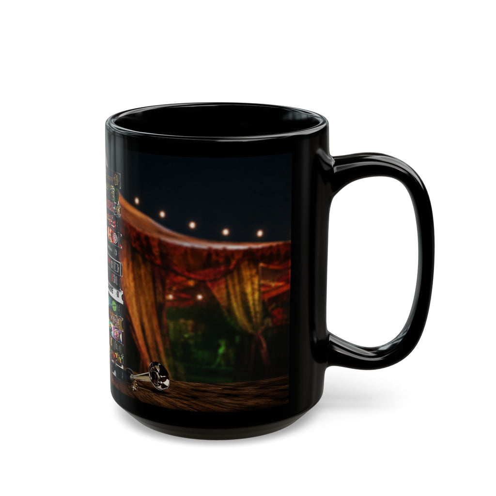 Gothic Horror Bookstack Black Coffee Mug — Vintage Circus, Witchy Reading Vibe (11oz/15oz)