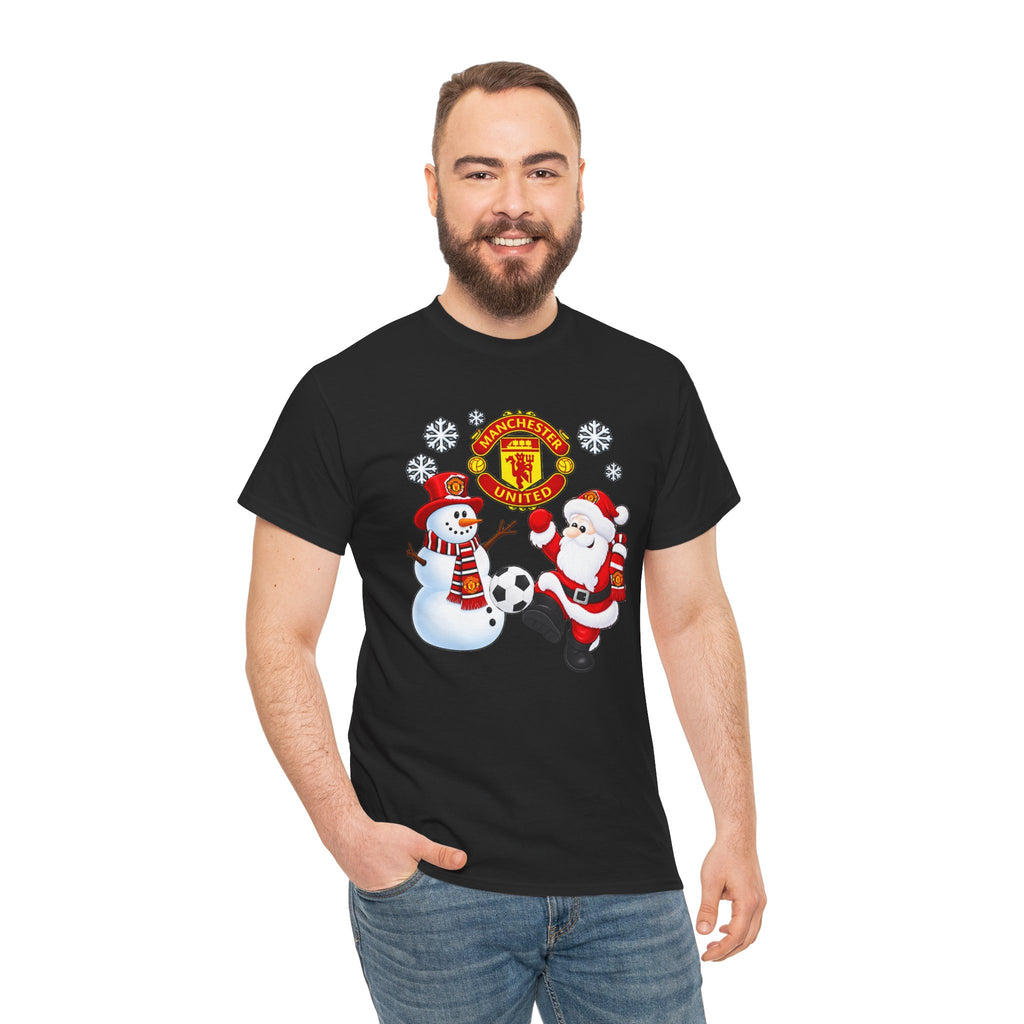 Manchester United Christmas Cotton Tee — Santa & Snowman Football Holiday Shirt
