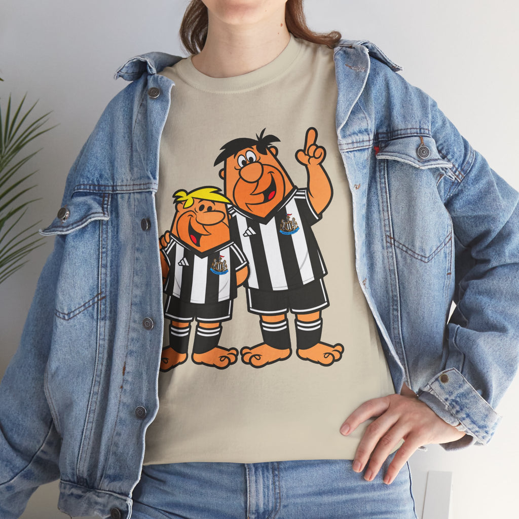 Newcastle United Flintstones Cartoon Cotton T-Shirt / Tee — Retro Striped Jersey Illustrations