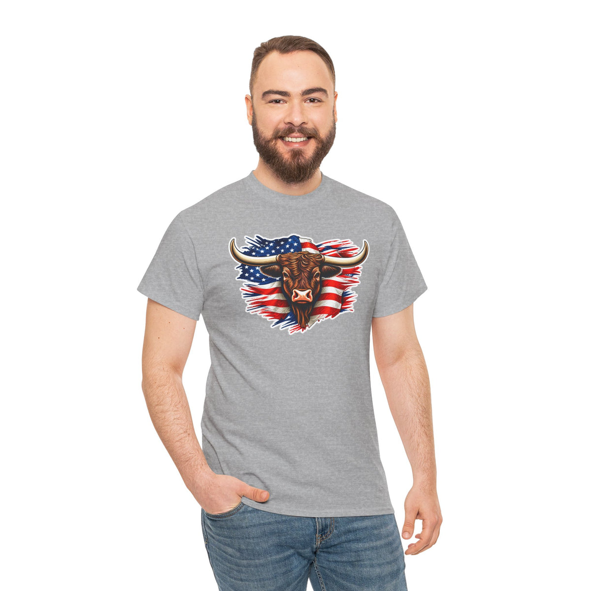 American Flag Bull Graphic Tee — Patriotic Cowboy Western T-Shirt