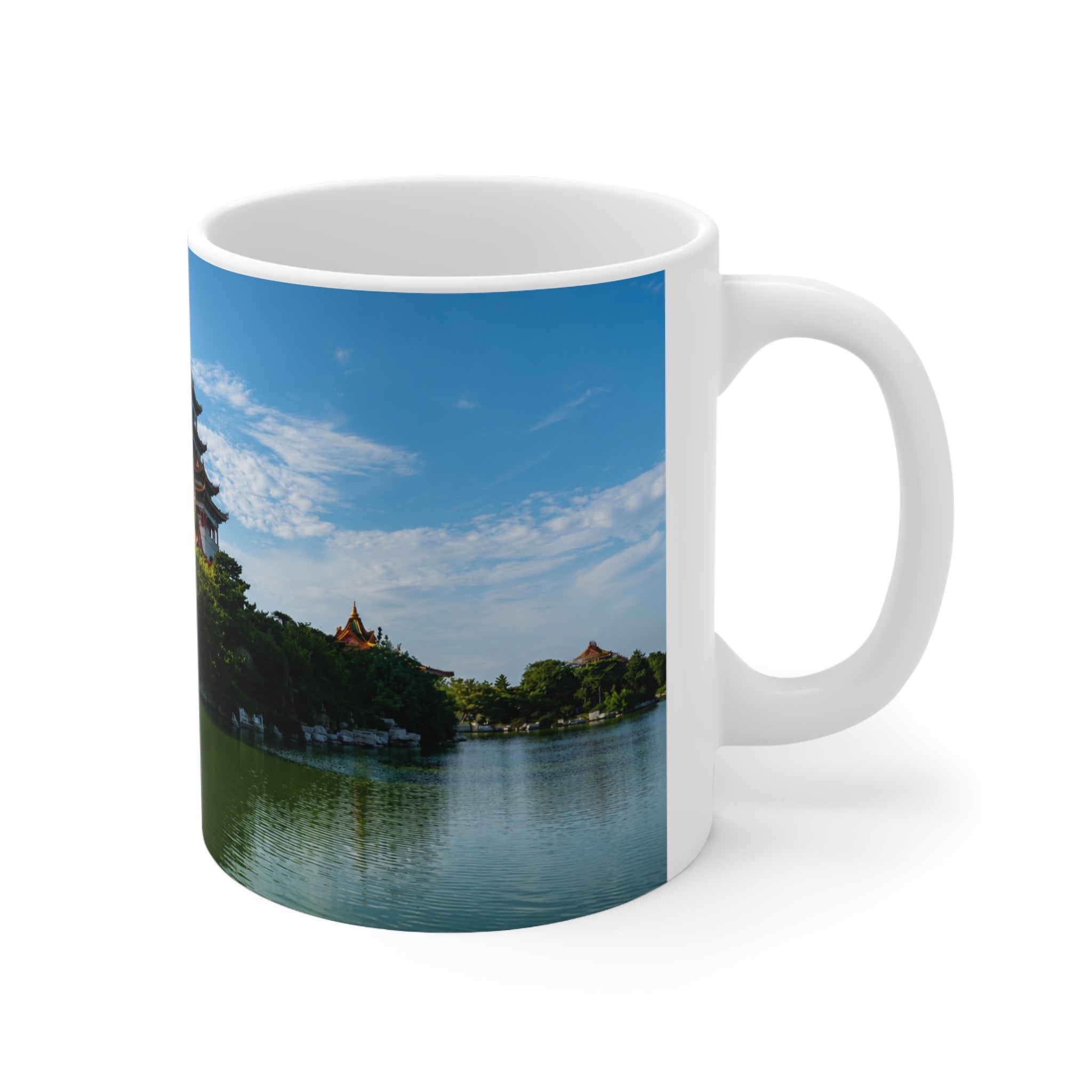Pagoda Lakeside Ceramic Mug — Asian Temple Travel Photo Coffee Cup (11oz/15oz)