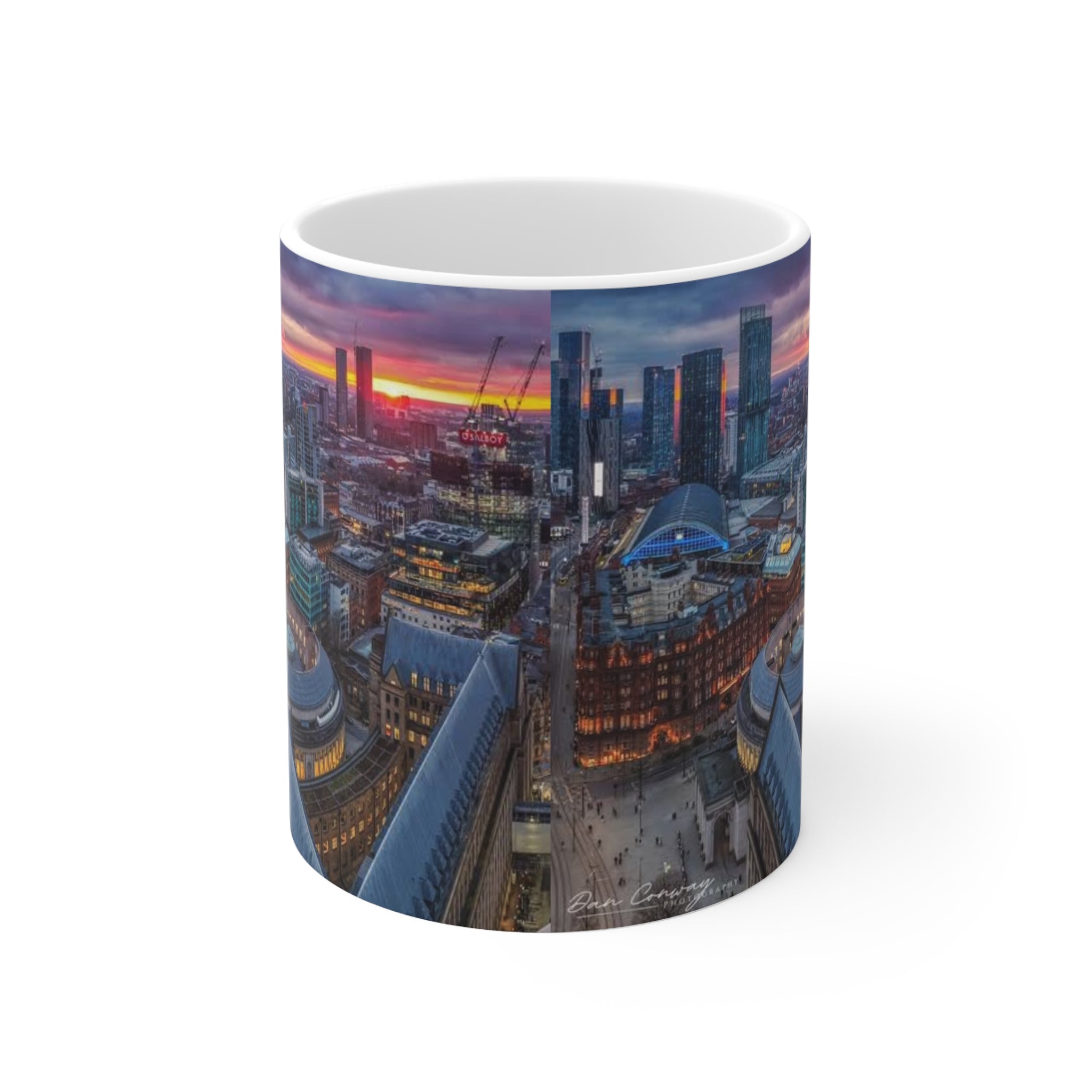 Manchester Cityscape Ceramic Mug — Aerial Skyline Sunset Coffee Cup (11oz, 15oz)